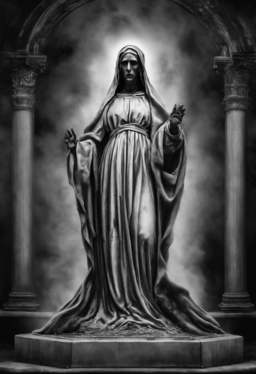 Statue of the Virgin Mary，central，There is light in the rifts，white backgrounid