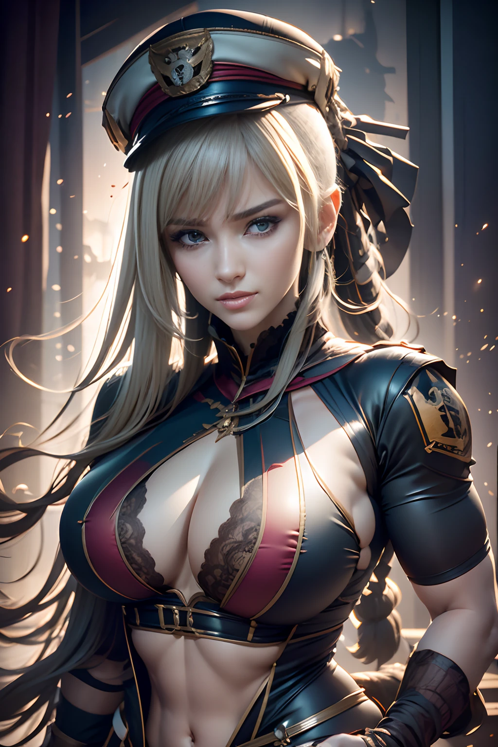 Dressed in a 70s TV show《Battlestar Galactica》Blonde girl in medium brown pilot uniform.
musculous,The large . Bulging dog. Haier-style undercut. Oversized camels.
no head gear. No hat. Big Cleavage.