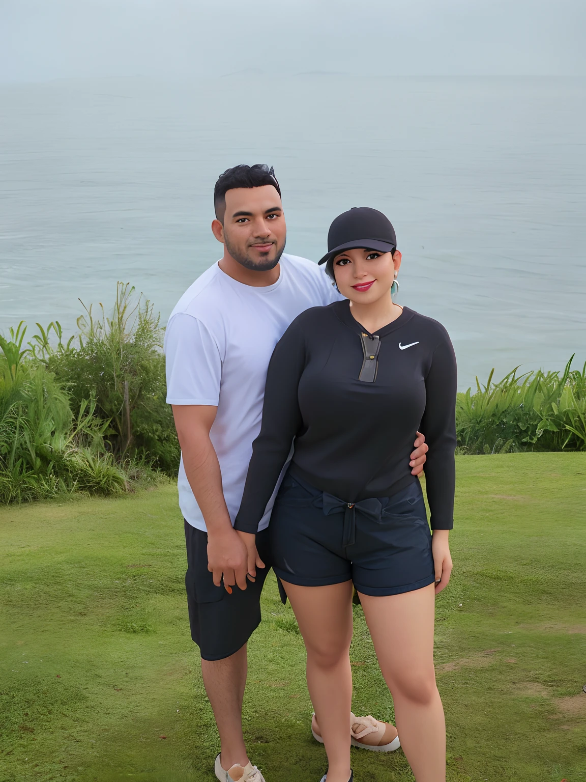 They are standing in front of the water and posing for a photo, O oceano ao fundo, Karla Ortiz, com montanhas ao fundo, standing near the beach, Tyler Edlin e Natasha Tan, com um parque ao fundo, standing next to water, com montanhas como pano de fundo, oceano ao fundo, Parque em segundo plano, com montanhas no fundo, vacation photo