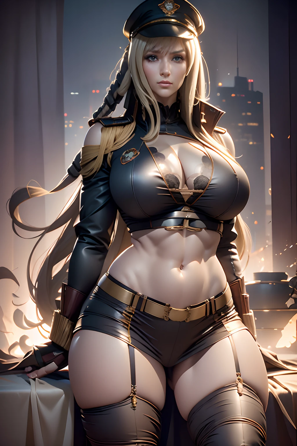Dressed in a 70s TV show《Battlestar Galactica》Blonde girl in medium brown pilot uniform.
musculous,The large . Bulging dog. Haier-style undercut. Oversized camels.
no head gear. No hat. Big Cleavage.
