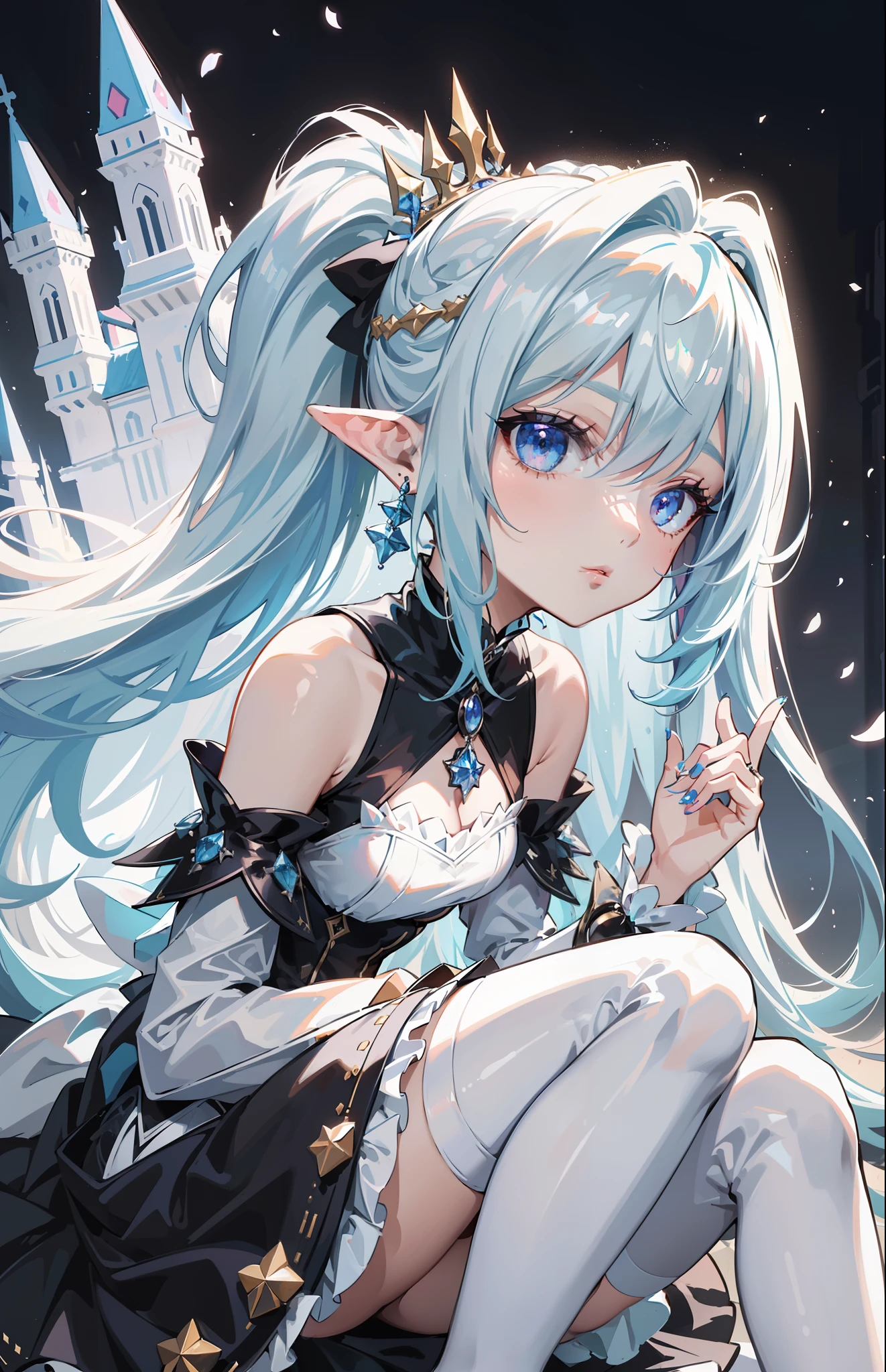 best qualtiy，tmasterpiece，Ultimate Resolution，downy，highly colorful，Colorful，Elven Girl，Complete body，Black and white double ponytail，Lolita Long Dress， White stockings long legs，Muffin Shoes，close up of face