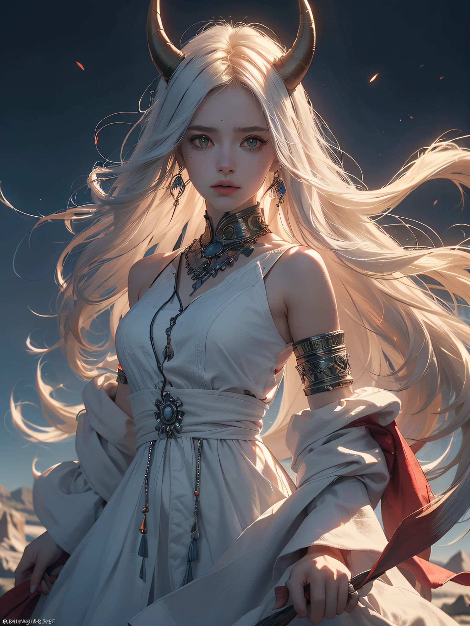 (((his horns fall over his shoulders))), long white hair, long sideburns, red eyes, hateful face, beaded eyes, sovereign pose, full body, (((simple clothes with few details))), colors blue, gray, {extremely detailed 16k CG unit wallpaper}, expansive landscape photography, (a low view with focus on character and setting), (wide open field view), (low angle shot) , (high light: 1.2), (low light: 1.4), (warm light source: 1.4), complex details, (iridescent colors: 1.5), (bright lighting), (atmospheric lighting), dreamy, perfection, unique