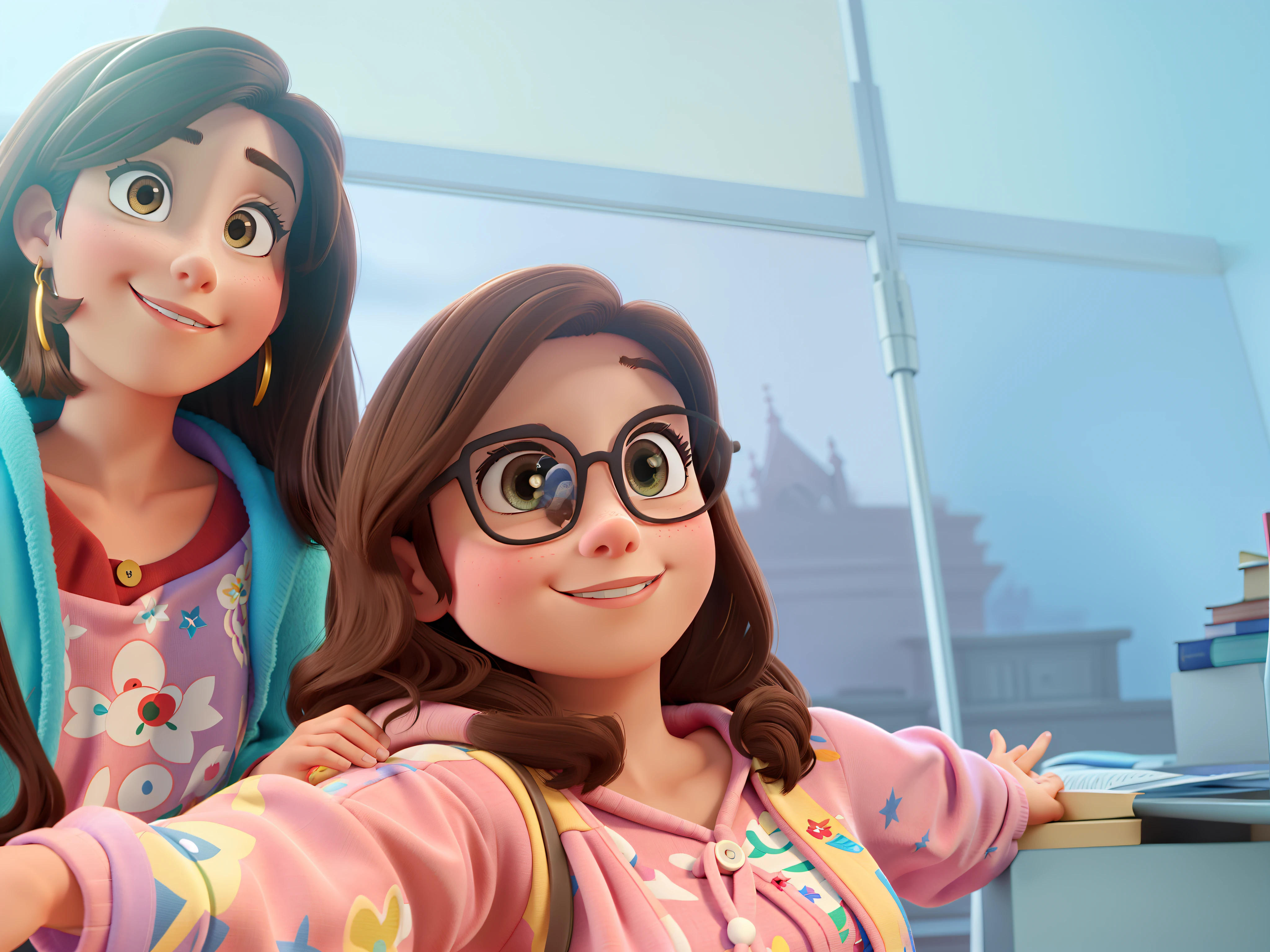 Three brunette women Disney Pixar style, alta qualidade, melhor qualidade, pano de fundo biblioteca
