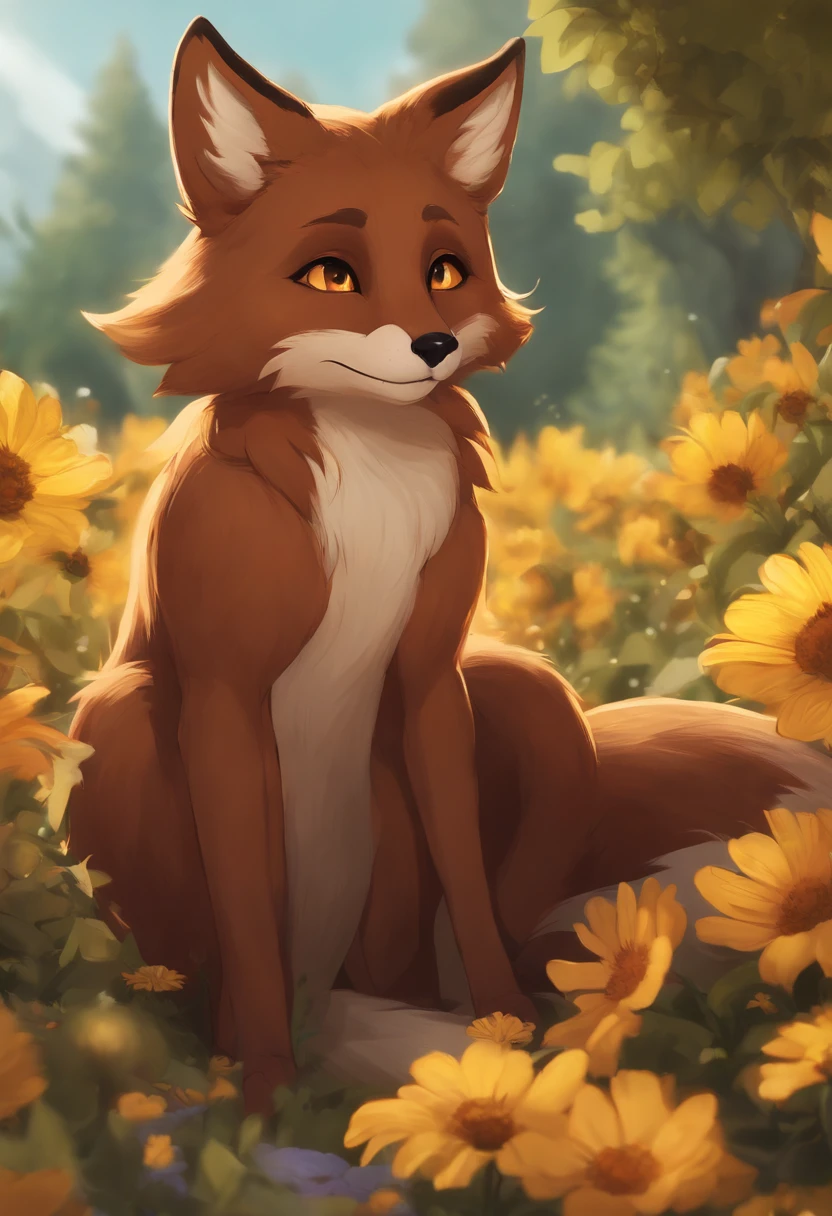 Fox, (Monster Girl), long brown ears with a dark brown inside,, brown fur, Sunburned neck fluff, brown fluffy tail with a yellow-brown tip,, Big brown eyes, wearing modest clothing, Sitting in the flower garden, masutepiece, Best Quality