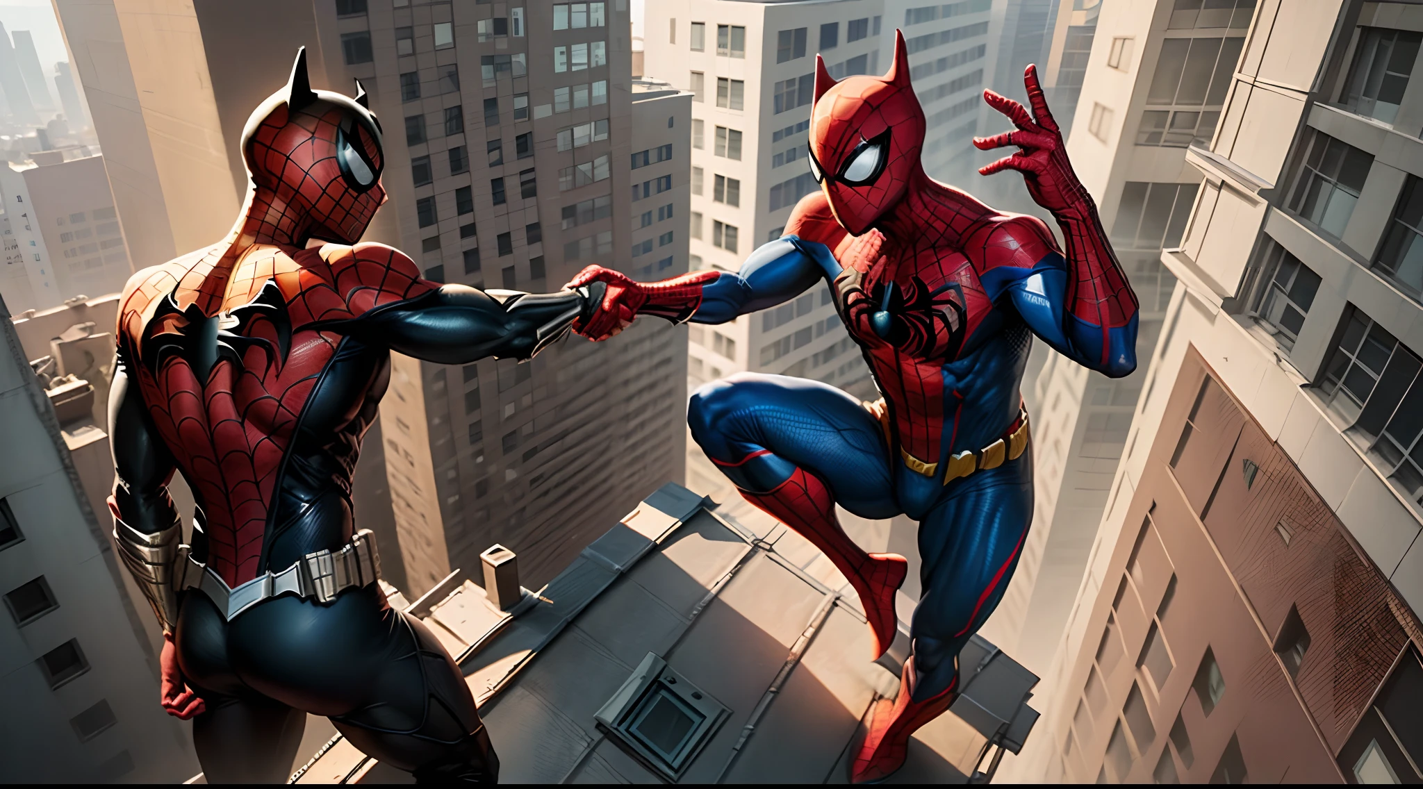 Spiderman 2099 and batman shaking hands on the rooftop of a building