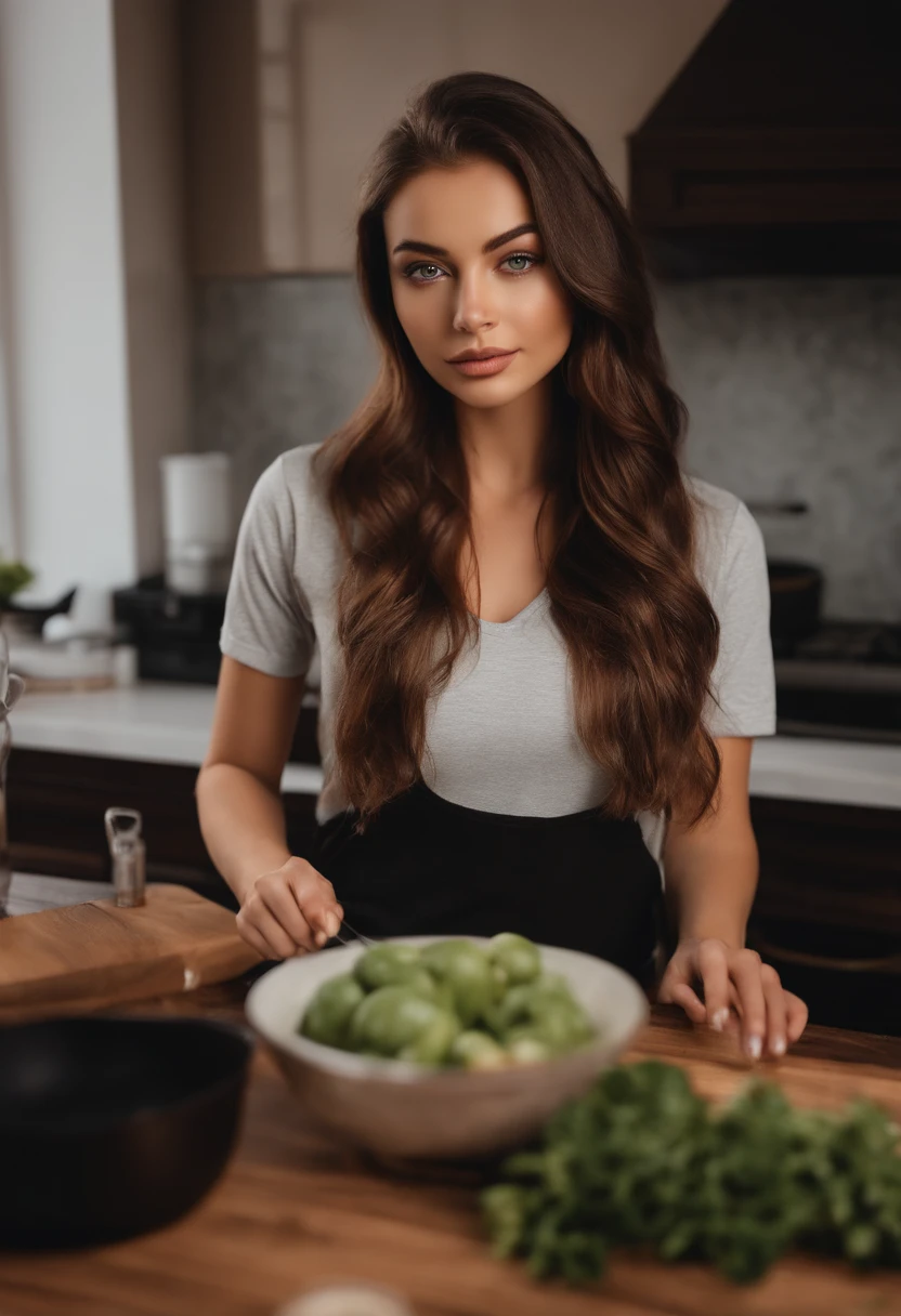 Arafed woman in sexy T-shirt, cooking, Sexy girl with brown eyes, portrait sophie mudd, brown hair and large eyes, selfie of a young woman, Chamber eyes, violet myers, no makeup, natural makeup, looking straight at camera, face with artgram, fine makeup, Excellent full-length photography, cleavage, no hands