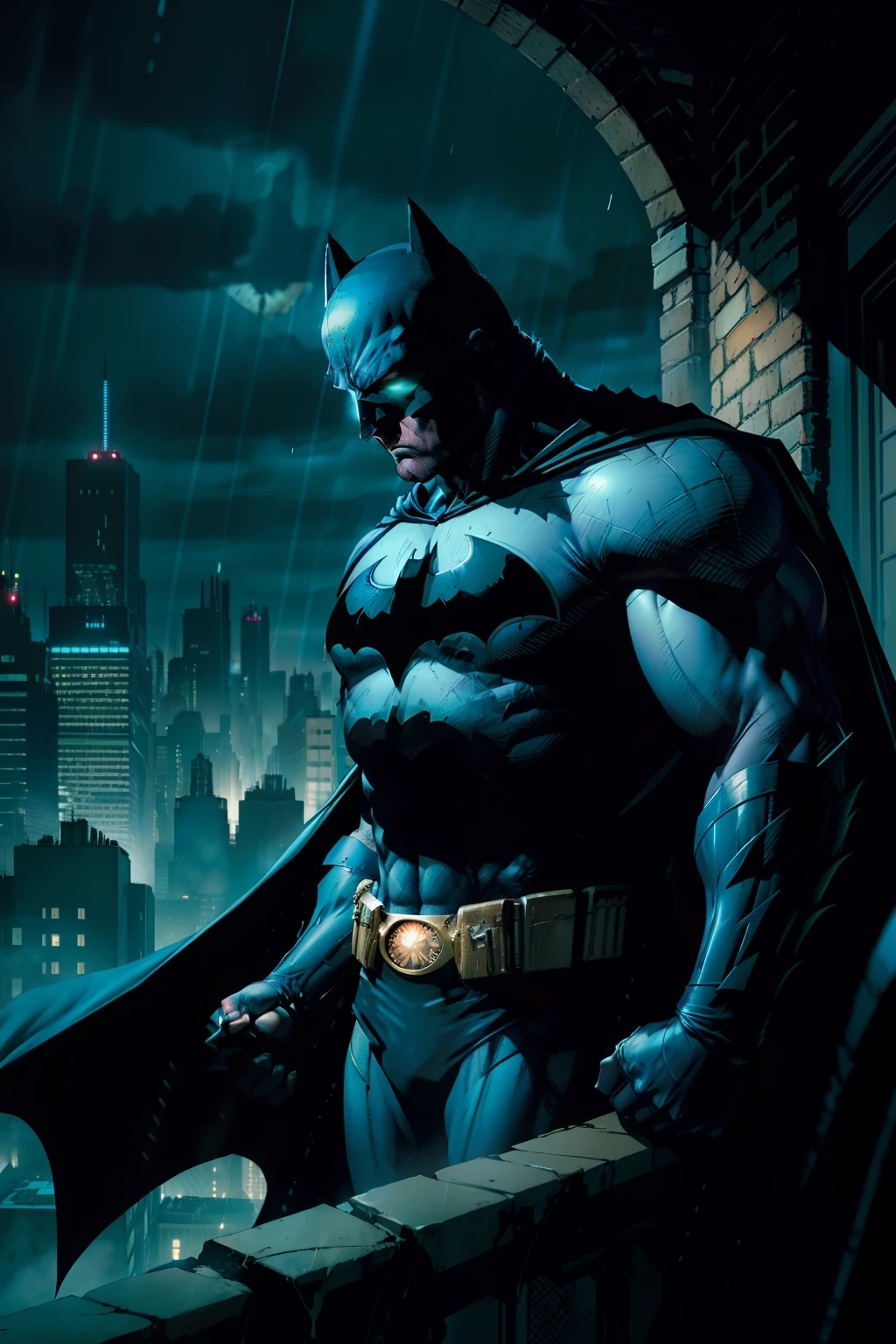 Certainly, here's the prompt translated into English:
"Vividly describe the moment when Batman confronts his deepest fears and the complex of his parents' death. He stands on a rainy night, on the edge of a cliff, gazing at Gotham City in the distance. Rain trickles down his face, mixing with the tears he struggles to contain. His tense body reflects the physical and mental effort he faces to overcome the pain that has haunted him since childhood. The gothic backdrop of the city lit by neon creates a dark and immersive atmosphere as he wrestles with the ghosts of his past. His dark cape billows in the wind, symbolizing his determination to protect Gotham despite his own fears. The artificial intelligence should capture this emotional and visual intensity to create a striking image in the style of DC Comics."