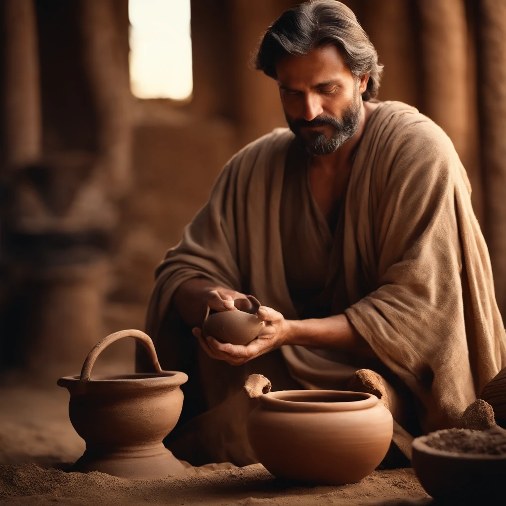 Photorealism of a man holding a potter's wheel and a clay pot on the ground, epic biblical representation, The photo is from a professional camera, Biblical art style, Biblical images, Potter, The treasure is placed in the earthen vessel