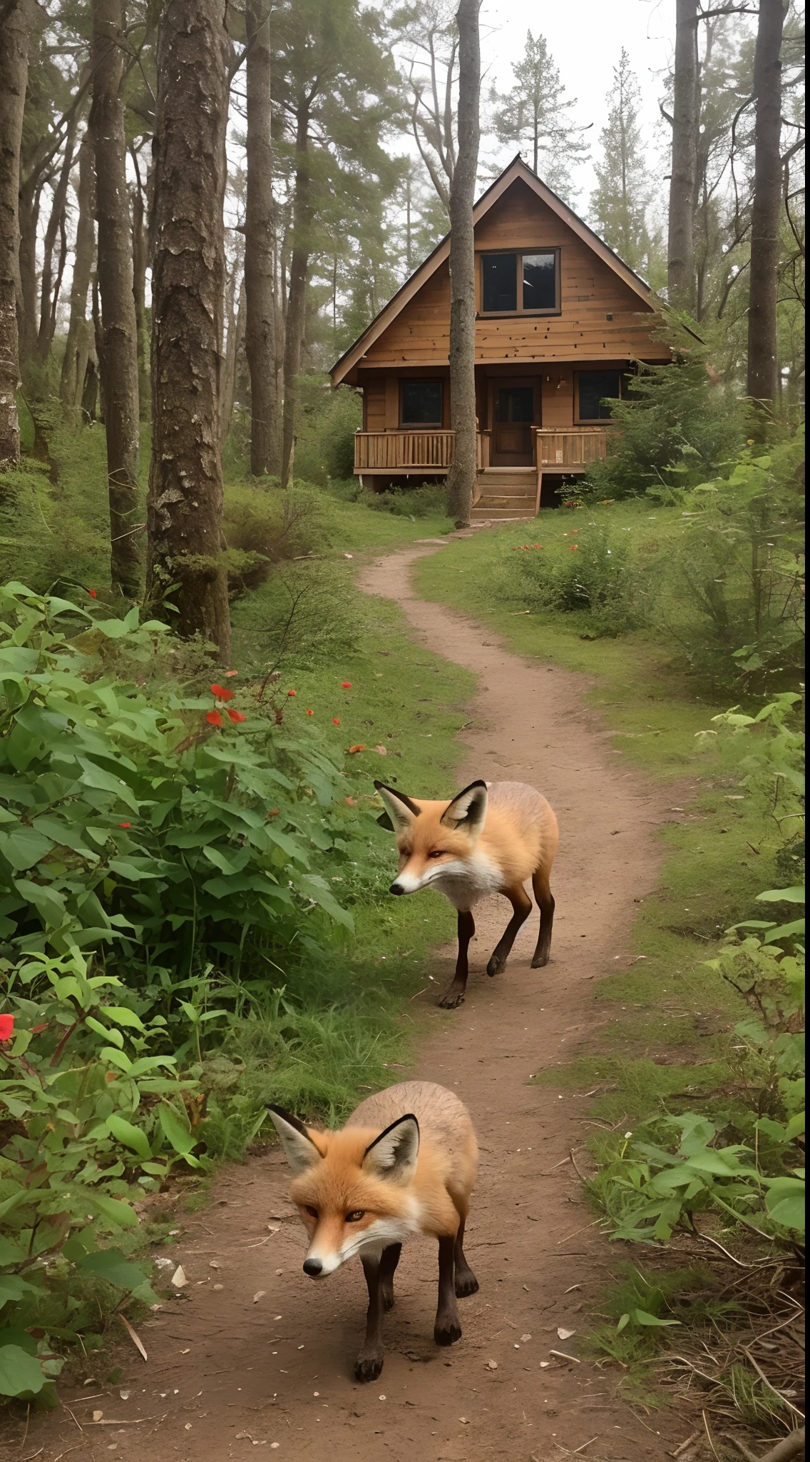 Create a 1-minute video in 4K resolution of a fox walking through a magical forest. The fox has bright reddish fur and walks through tall trees with very green canopies. It passes huge red mushrooms with white dots and exotic colored flowers that seem to glow. Colorful butterflies and fairies fly around the fox. She arrives in a clearing where there is a small, cozy house with a chimney from which smoke comes out. The fox looks around, curious, and then runs along the trail, going deeper in the forest. The soundtrack is a mysterious music of flutes and sounds of nature. The video conveys a magical sense of enchantment and beauty