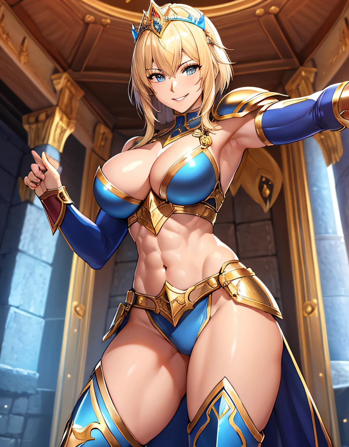 (1 mature muscular female paladin,gorgeous paladin armor,arm guard,leg guard,headdress,25yo), ((castle,The King's Chamber)),(smile),dynamic pose,dynamic angle,navel,pose for photo,from below