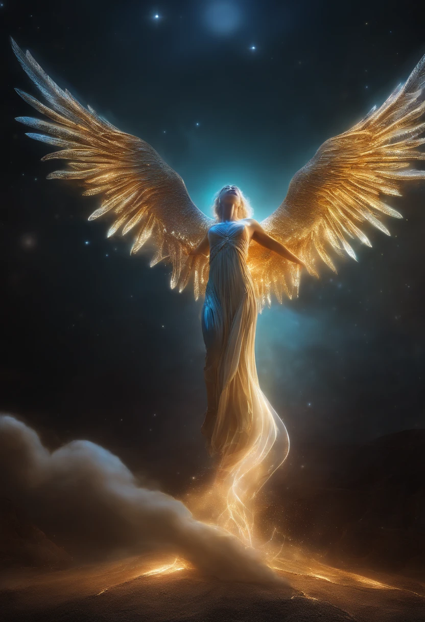 cosmic fallen angel, olhos claros brilhantes, Biomechanicals, estranho, assustador, Pesadelo, cores muito brilhantes, light particles, com luz brilhante, Mshiff, Arte do papel de parede, Papel de parede UHD