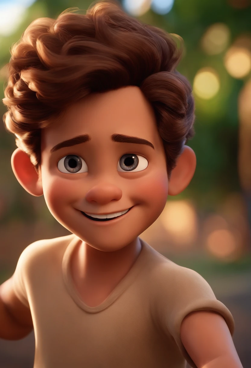 Imagem estilo Pixar com caractere 3D, homem branca, cabelos castanhos , Light brown eyes dancing, Maquiagem Disney,Pescador, bonitinho, sorridente ,Close-up, Pixar, Disney, Cinema lighting,