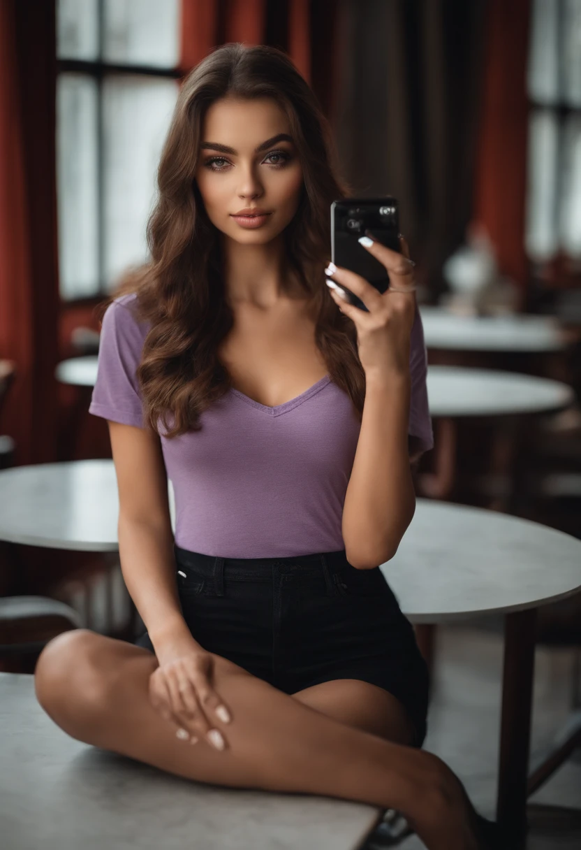 Arafed woman in sexy T-shirt, with a coffee, Sexy girl with brown eyes, portrait sophie mudd, brown hair and large eyes, selfie of a young woman, Chamber eyes, violet myers, no makeup, natural makeup, looking straight at camera, face with artgram, fine makeup, Excellent full-length photography, cleavage, no hands