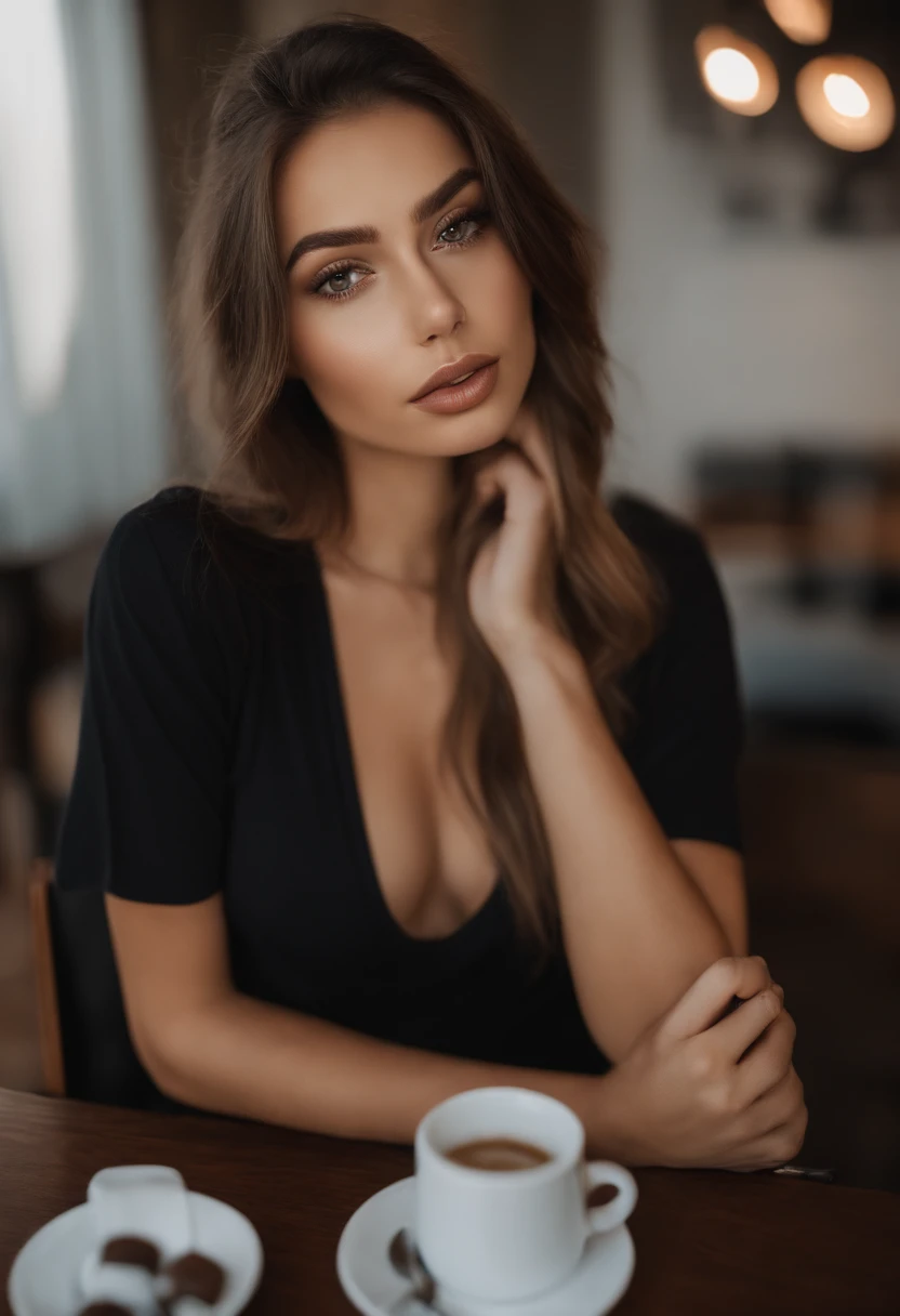Arafed woman in sexy T-shirt, with a coffee, Sexy girl with brown eyes, portrait sophie mudd, brown hair and large eyes, selfie of a young woman, Chamber eyes, violet myers, no makeup, natural makeup, looking straight at camera, face with artgram, fine makeup, Excellent full-length photography, cleavage, no hands