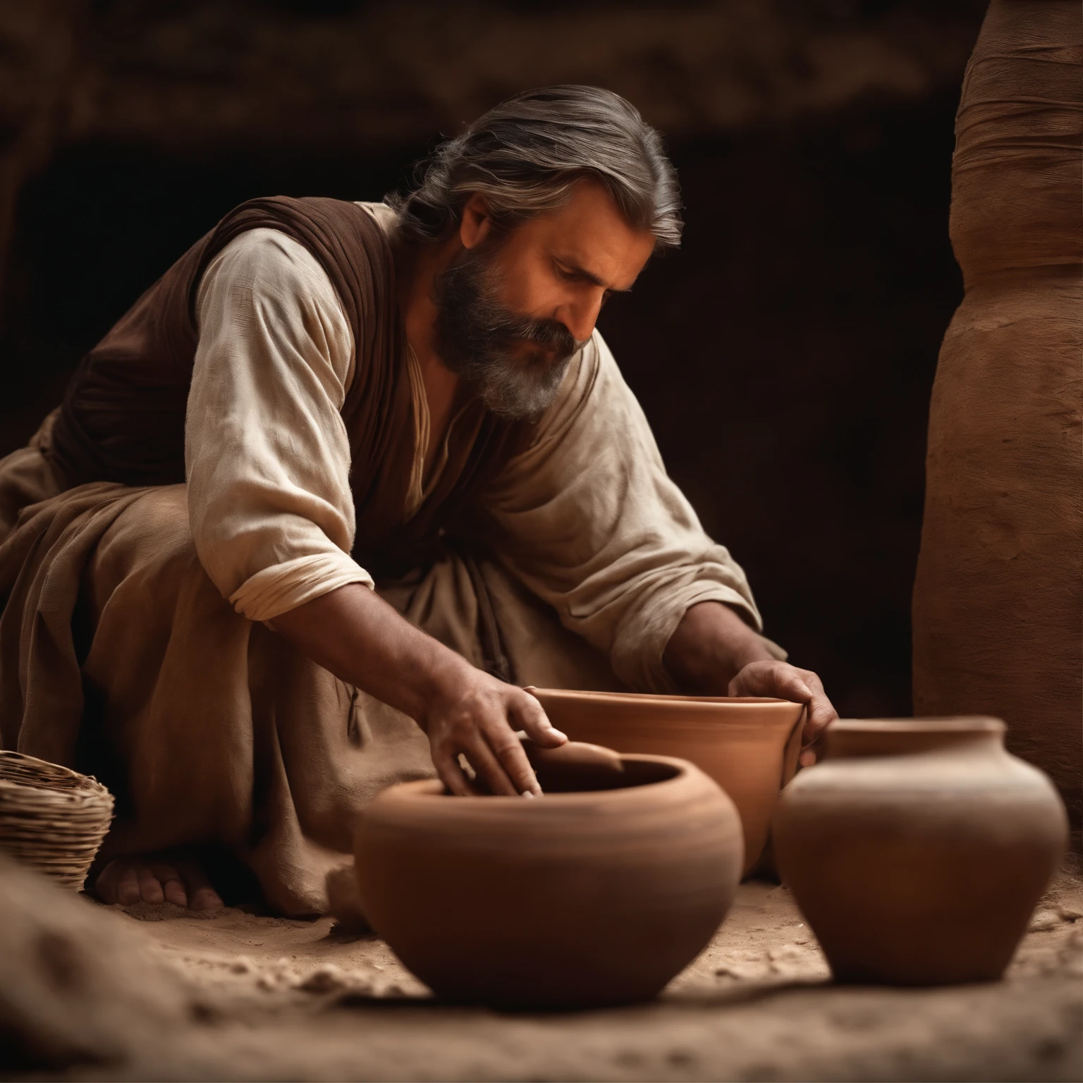 Photorealism of a man holding a potter's wheel and a clay pot on the ground, epic biblical representation, The photo is from a professional camera, Biblical art style, Biblical images, Potter, The treasure is placed in the earthen vessel