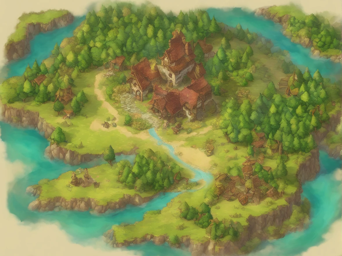 Aerial view taken from top to bottom directly from the drone, Mapa de pergaminho da floresta, Ice and thunder, Dungeons and Dragons, Final Fantasy, arte do jogo, (Arquitetura e design de interiores coerentes, with realistic proportions and textures, detalhes intrincados, hand-painted, vibrante, Cinematic lighting, master part, 8k:1.2),world map,In the middle of the map is a lake, ao redor do mapa, existem montanhas, em baixo do mapa a praia