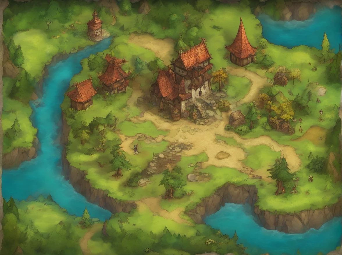 Aerial view taken from top to bottom directly from the drone, Mapa de pergaminho da floresta, Ice and thunder, Dungeons and Dragons, Final Fantasy, arte do jogo, (Arquitetura e design de interiores coerentes, with realistic proportions and textures, detalhes intrincados, hand-painted, vibrante, Cinematic lighting, master part, 8k:1.2),world map,In the middle of the map is a lake, ao redor do mapa, existem montanhas, em baixo do mapa a praia