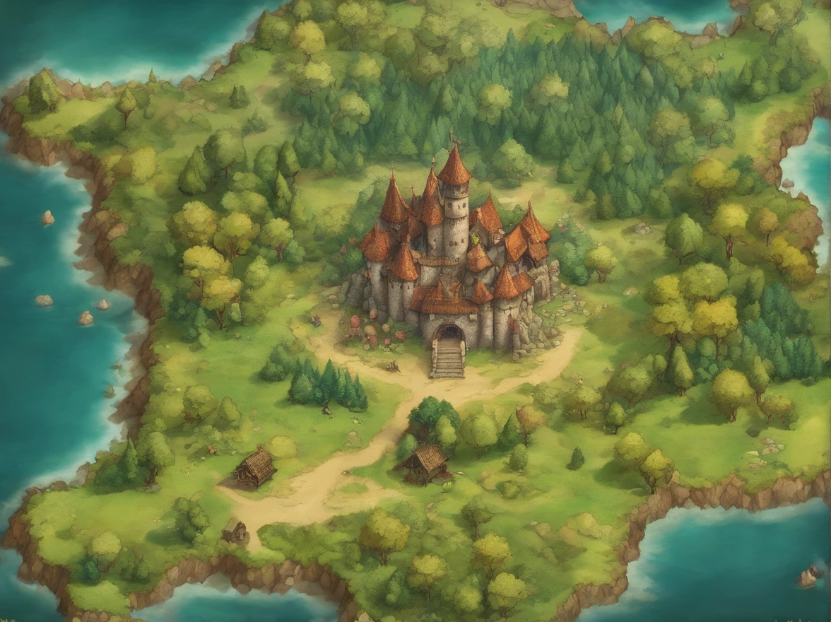 Aerial view taken from top to bottom directly from the drone, Mapa de pergaminho da floresta, Ice and thunder, Dungeons and Dragons, Final Fantasy, arte do jogo, (Arquitetura e design de interiores coerentes, with realistic proportions and textures, detalhes intrincados, hand-painted, vibrante, Cinematic lighting, master part, 8k:1.2),world map,In the middle of the map is a lake, ao redor do mapa, existem montanhas, em baixo do mapa a praia