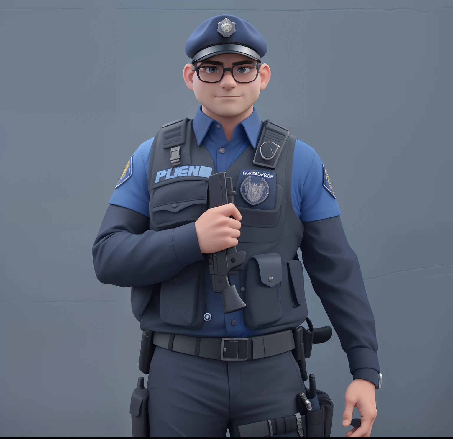 Create a Disney Pixar-style image of a man wearing a blue shirt and black hat standing in front of a wall. He is dressed in a uniform that includes a black vest and a badge. The man appears to be a police officer, as he holds a gun in his hand. The gun is positioned close to his body and he appears to be posing for the camera. The scene suggests that the police officer is on duty and prepared to deal with any situation that may arise.