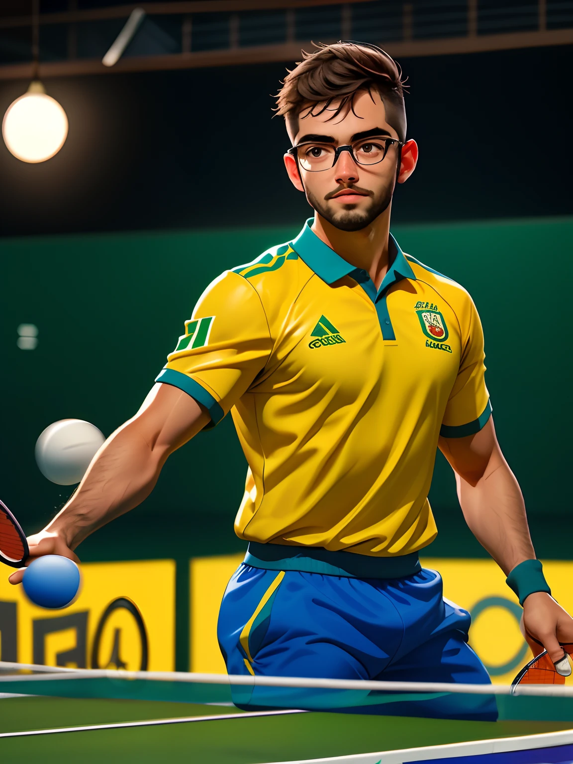 Jovem de 20 anos, barba grande e cabelo preto, round eyeglasses, Playing table tennis or Ping pong by wtt, representing the Brazilian national team, mostrando completamente o seu corpo e a mesa de Ping pong, concentrado, participando do campeonato mundial, agachado, segurando a raquete de ping pong, raquete grande