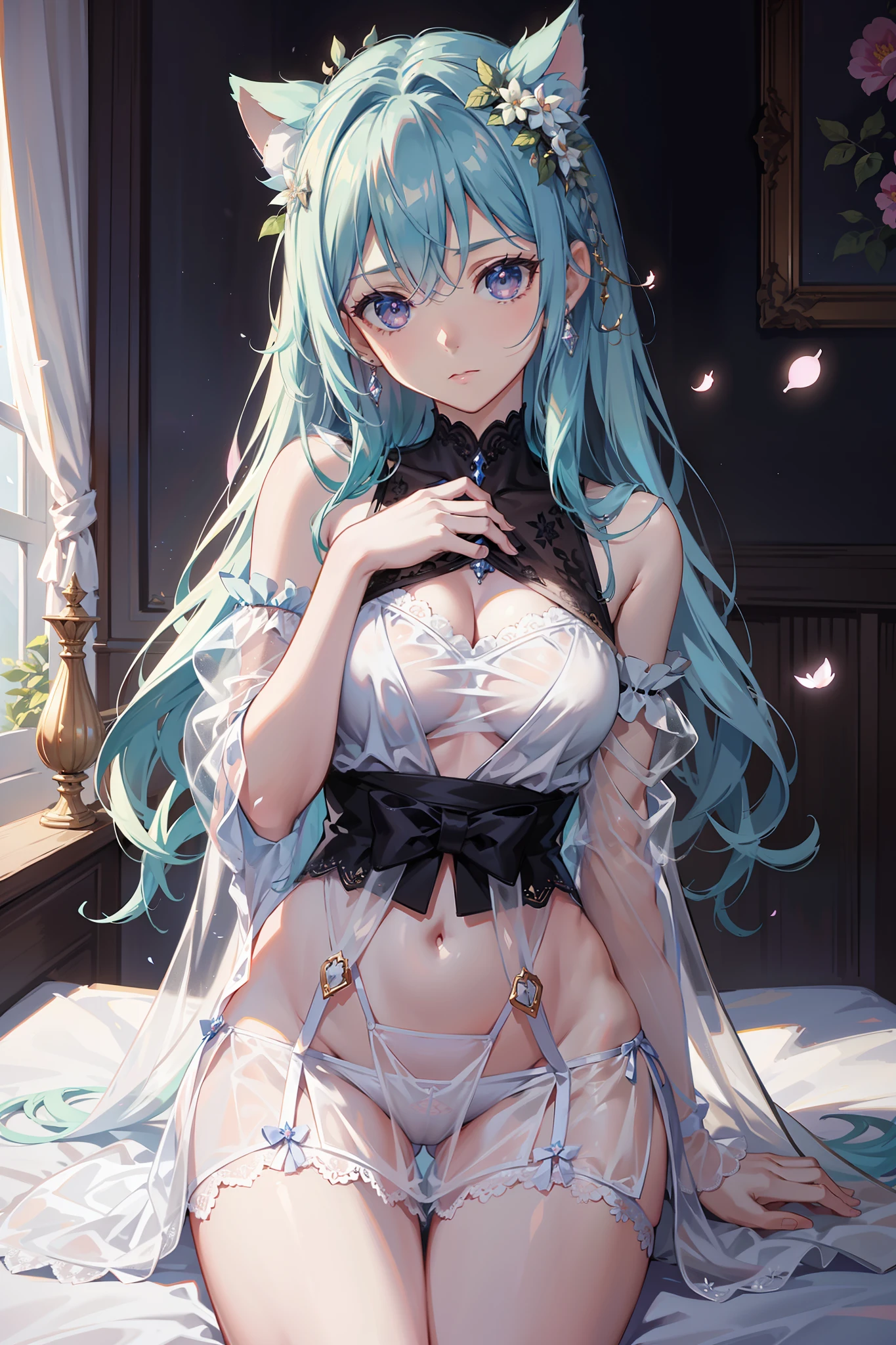 solo person,the night,inside in room,Shy Expressions,Little Saint,see through pajama,see-through sleeves,Enchanted,The edges of the petals,adolable,Light colors,Gentleness,Divine decoration,Sacred motifs,Lace,frilld,Highly detailed CG 8K wallpapers,best qualtiy,tmasterpiece,hight resolution,delicate and beautiful face
