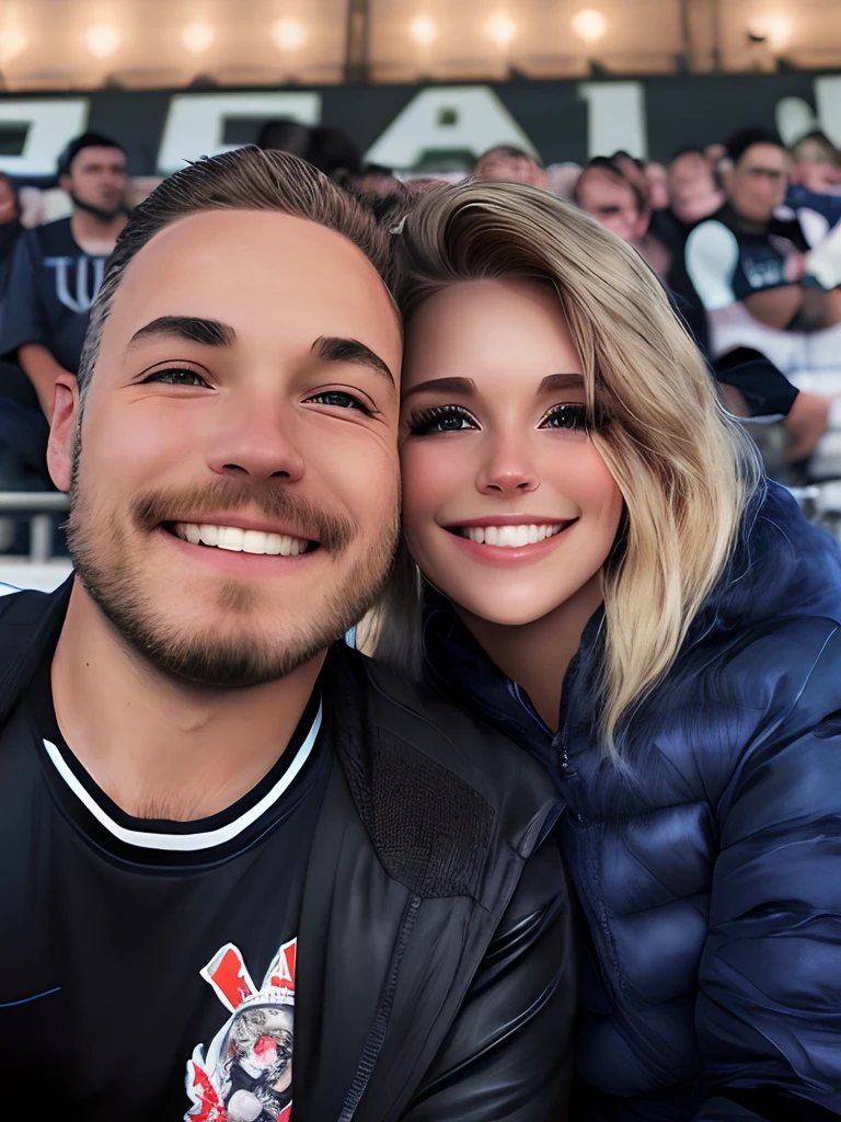 Man and woman in Corinthians football stadium, sorrindo, Behind them is the field with players, Her hair is blonde with highlights and short, ela tem um sorriso com dentes bonitos e grandes, ele tem cabelo claro e barba, com sorriso discreto e animado.Their clothes are black and white, 8k, Super Detalhe, master part, best quality