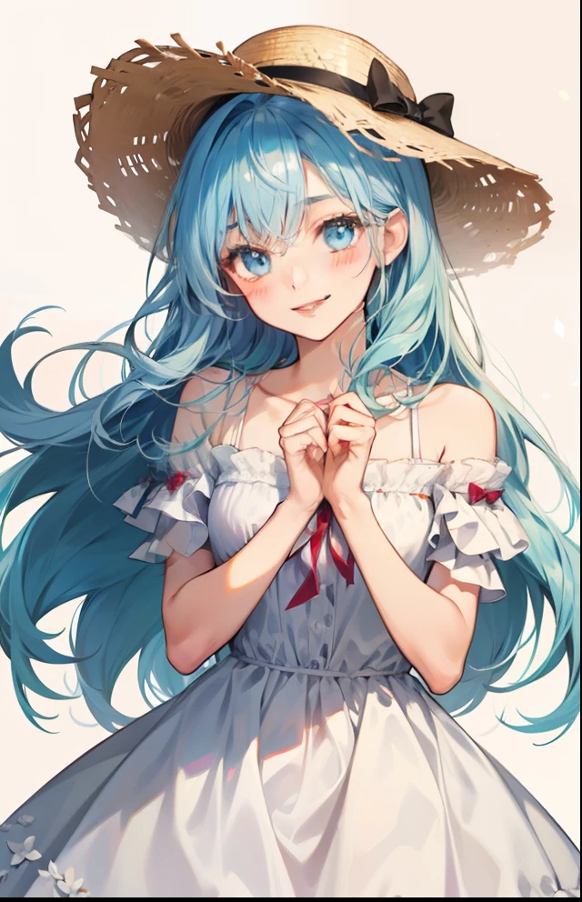 girl with、Background white、without background、Light blue hair、The long-haired、with blush cheeks、Embarrassing、White Dress、a straw fedora hat、frilld、bow ribbon、Smiling、kawaii、childish、Background with