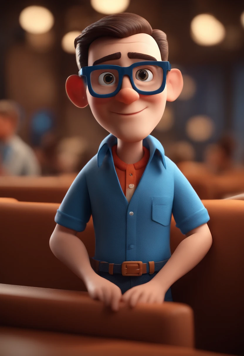 Cartoon character of a man with black glasses and a blue shirt, animation character, Caractere estilizado, animation style rendering, 3D estilizado, Arnold Maya render, 3 d render stylized, toon render keyshot, Personagem 3D, Personagem 3D, 3d rendering stylized, 3 d character render, personagem de desenho animado, Personagem de close up, Pose de personagem, (Estilo Pixar) (master part:1.2) (Bokeh) (best quality) (pele detalhada) (textura detalhada) (8k) (argila) (Cinematic lighting) (foco nítido