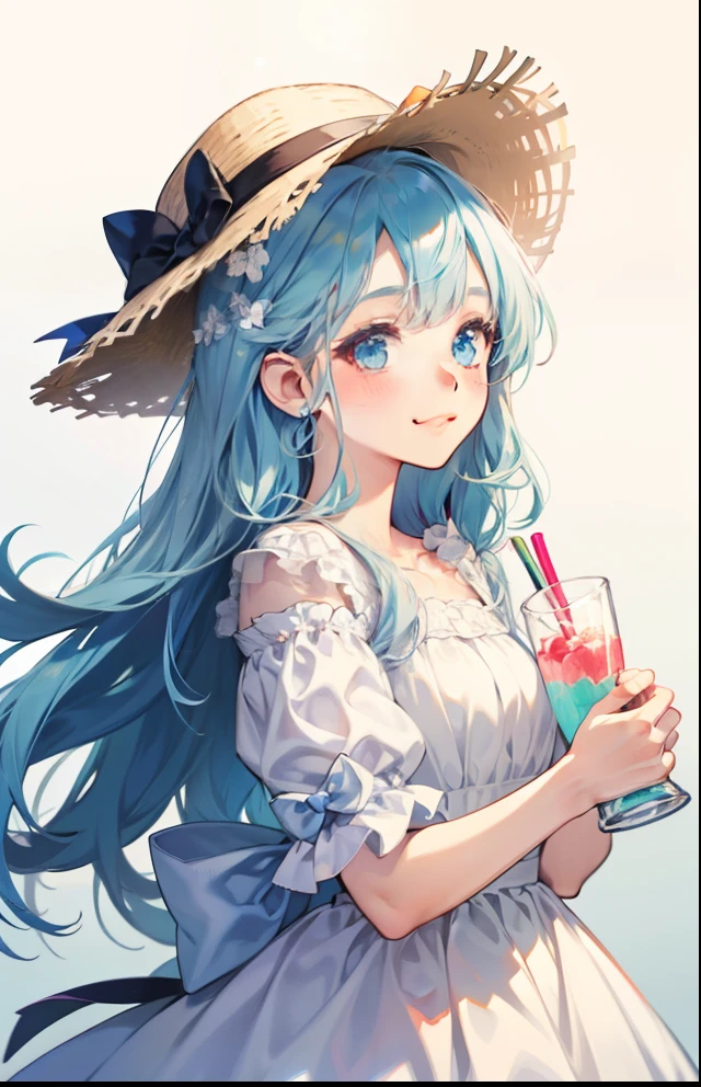 girl with、Background white、without background、Light blue hair、The long-haired、with blush cheeks、Embarrassing、White Dress、a straw fedora hat、frilld、bow ribbon、Smiling、kawaii、childish、Background with