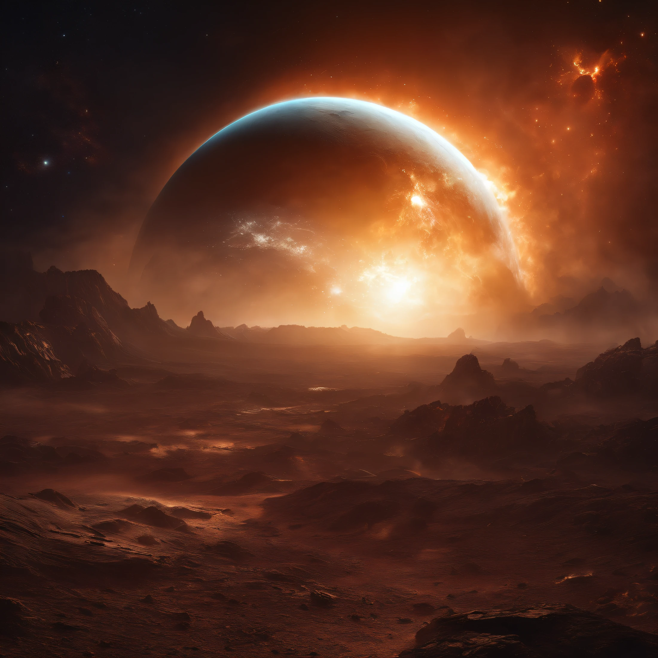 Best Quality, hight resolution, destroyed planet,space view,dark background,explosion debris,flying rocks,cracked surface,cosmic dust,fiery remnants,apocalyptic atmosphere,galaxy in distance,star-filled sky,cosmic devastation,otherworldly destruction,spectacular cosmic event,astronomical catastrophe,mesmerizing chaos,post-apocalyptic beauty,cosmic cataclysm,endless void