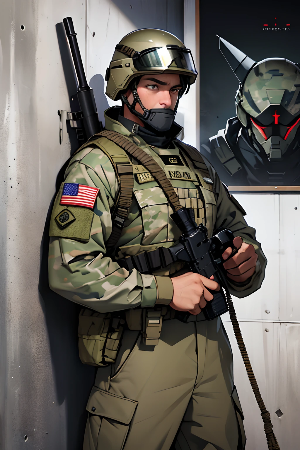 criar poster maturemalemix. Create a special forces soldier wearing multicam uniform with helmet and holding an m4 rifle. The military man is holding a thick rope. On the back wall is written Game of the Tied.