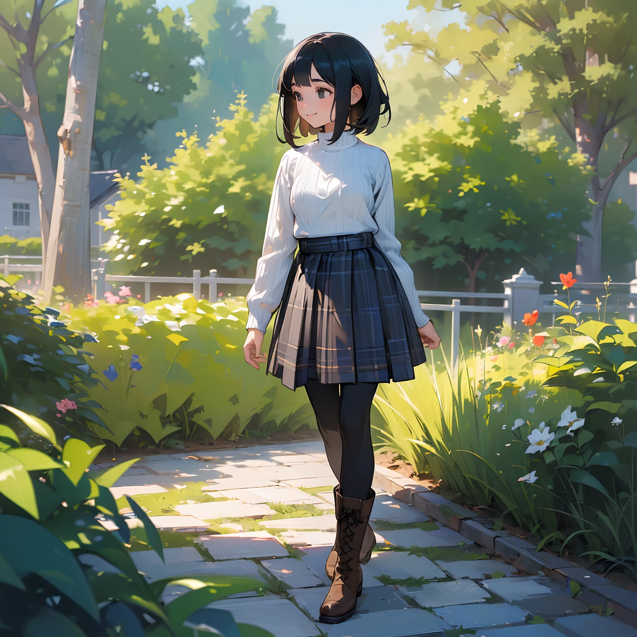 (High quality, High resolution, Ultra-detailed, Realistic:1.37), peaceful ambiance, (plein air, garden), Teenage girl standing alone, Beautiful detailed features, Cute smile, (Black bob hair), Ribbed sweater, blue plaid skirt, Black tights, Brown boots.