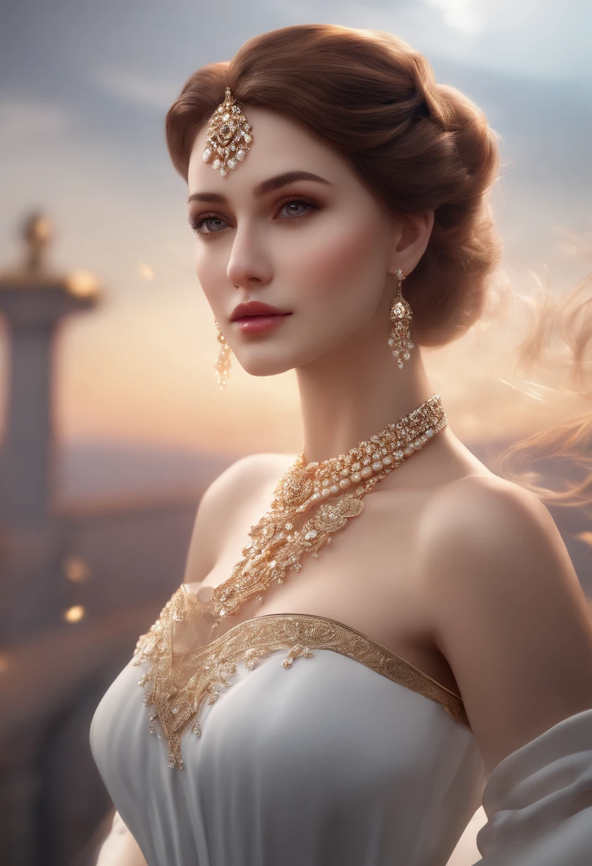 urreal 8k cg, perfect, clean, masterpiece, professional artwork, famous artwork, cinematic lighting, cinematic bloom, perfect face, beautiful face, short evening dress, bare shoulders, big tits, hairstyle, ponytail, necklace, jewelry, rubies, pearl, diamond, Tall body, high heels, jacket, (small mole under the eyes), fashionable stained glasses, glasses, full-body photo, standing on top of a mountain, cloudy, wind, beautiful sunrise, detail, surreal 8k, 32 thousand.
