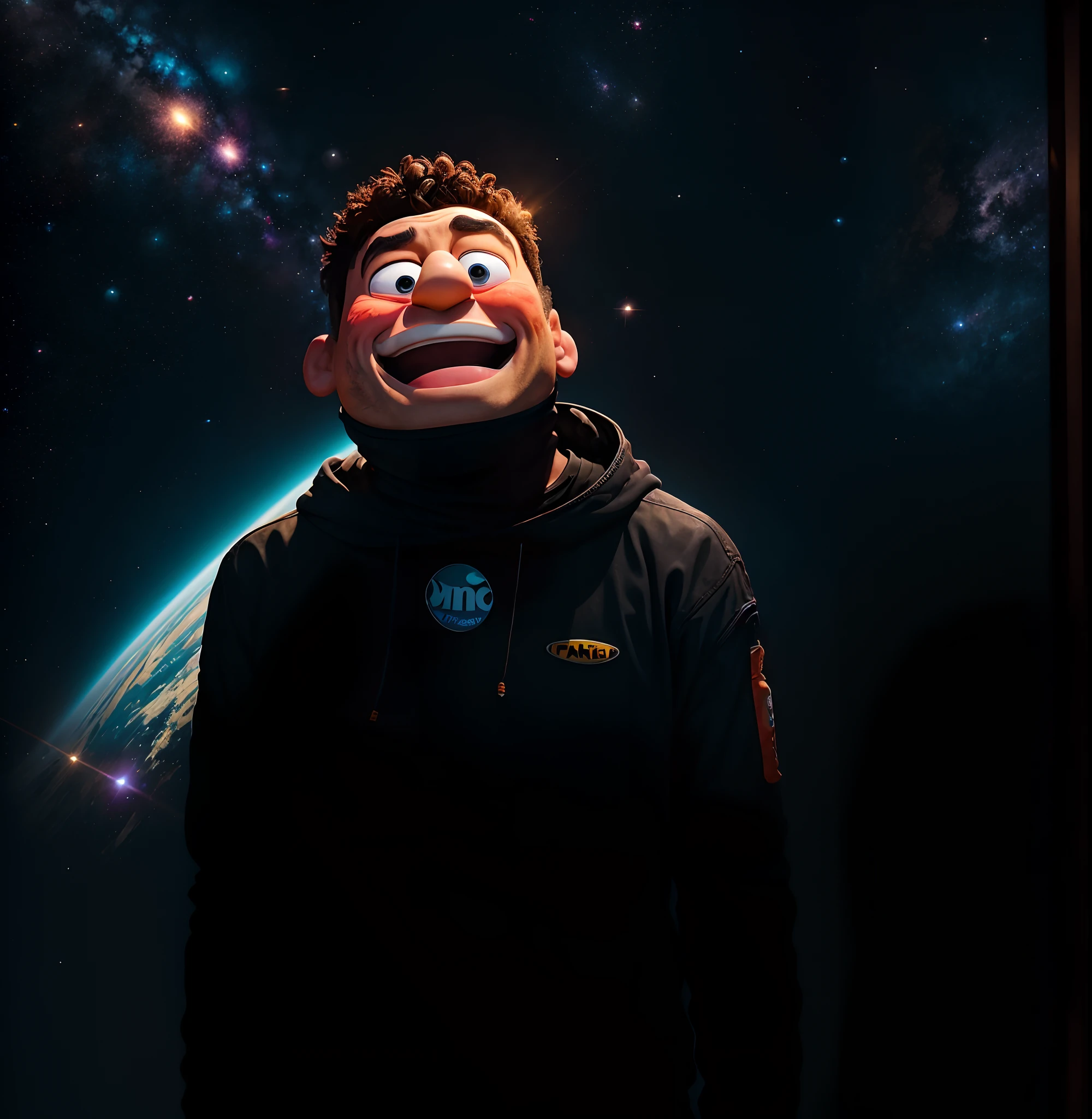 A photo of a person in front of him in an all-black outfit and a burrow wrapped in laughter and his face tanned with a black stain and in the background a pixar-style space