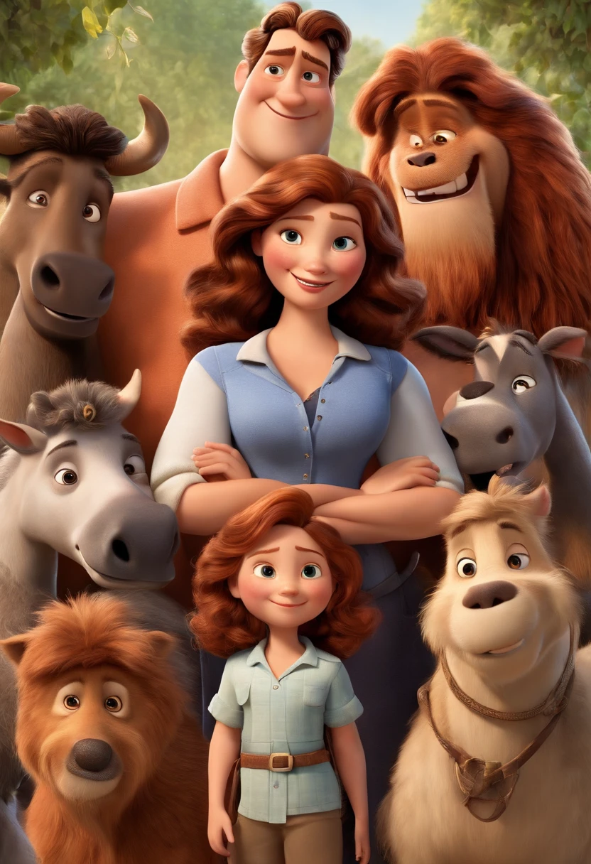 a Disney Pixar movie poster showing a white-skinned family. The father is the tallest, Tem barba curta, loiro, cabelos curtos e espinhosos. The mother has brown eyes and hair, shoulder-length and is slightly overweight. A tem 4 anos e cabelos castanhos, roupa rosa e rabos de cavalo. The background is a beach garden. 3D-rendering
