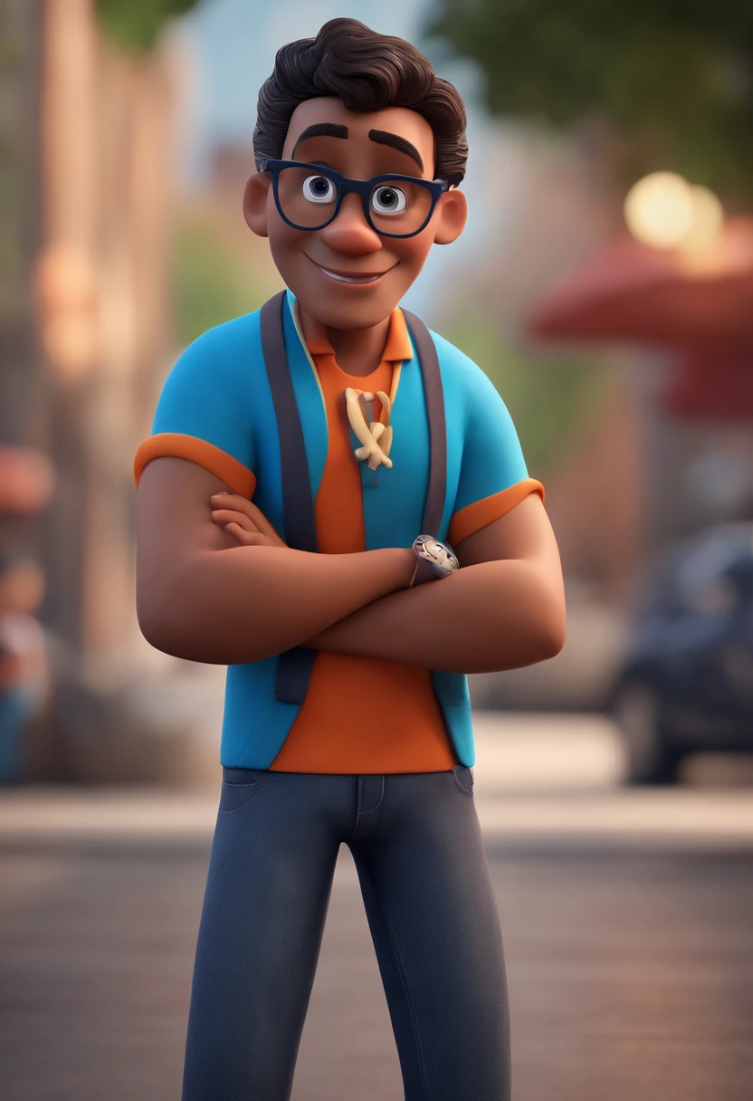 Cartoon character of a man with black glasses and a blue shirt, animation character, Caractere estilizado, animation style rendering, 3D estilizado, Arnold Maya render, 3 d render stylized, toon render keyshot, Personagem 3D, Personagem 3D, 3d rendering stylized, 3 d character render, personagem de desenho animado, Personagem de close up, Pose de personagem, (Estilo Pixar) (master part:1.2) (Bokeh) (best quality) (pele detalhada) (textura detalhada) (8k) (argila) (Cinematic lighting) (foco nítido