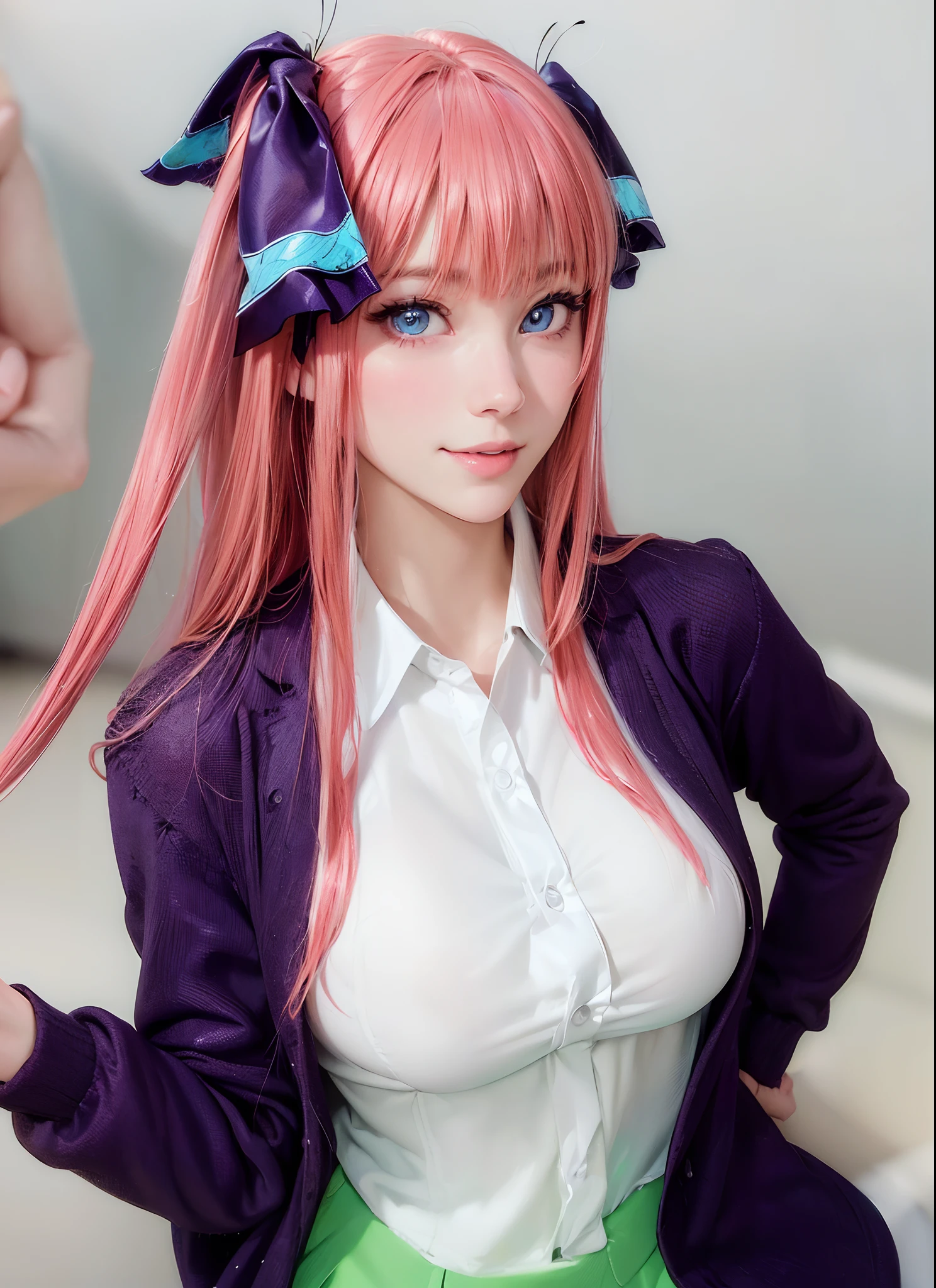 (masterpiece:1.3、Highest quality、Ultra-high resolution、Very detailed)、(Genuine:1.1、Realistic:1.4)、Beautiful illustrations、Perfect lighting、Depth of the Boundary、Beautiful hair in every detail、Beautiful face in every detail、Beautiful definition details、Beautiful clavicle、Beautiful body、Beautiful breasts、Beautiful thighs、Beautiful feet、Beautiful fingers、View Audience、1 Girl、high school girl、Perfect Face、(Perfect Anatomy、Anatomically correct)、Cute and symmetrical face、Baby Face、Skin Radiance、(Pink Hair:1.5)、Asymmetrical bangs、Green Eyes、Long eyelashes、skinny、(Skirt Lift、White panties)、((Collared short-sleeved shirt、Black shirt)、Black plaid pleated skirt))、Cleavage、(Beautiful views)、evening、(Outdoor、distant cityscape)、(Cute Smile、Blushing、look up)
