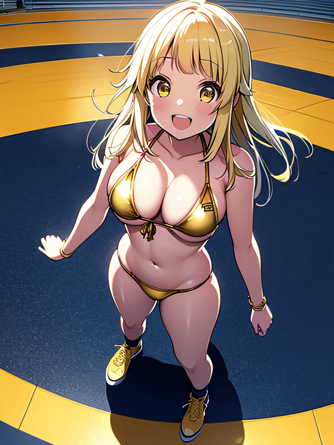 Kokoro Tsurumaki、Smile,, [Open mouth]、(Gold colored wrestling shoes)、（(Gold Micro Bikini)）、The floor is a wrestling mat、Happy smile、Energetic daughter、Facing the front、is standing