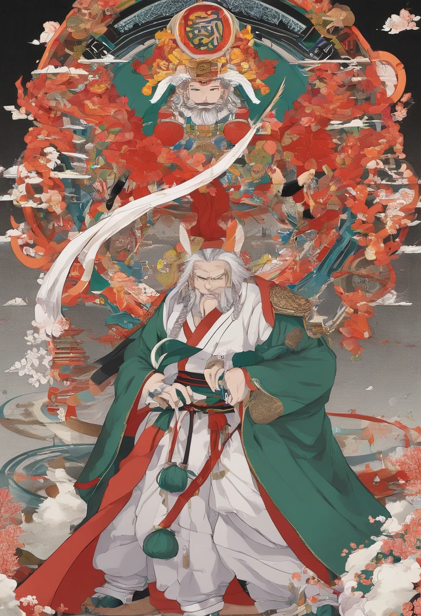 Jiraiya era um homem alto, de barba e com cabelo branco espetado normalmente amarrado em um rabo de cavalo, com dois golpes na altura dos ombros que emolduravam os dois lados de seu rosto. He also had red lines that ran from his eyes, e usava um protetor de testa de chifres com o kanji "オイル" (oleado, Abura), which shows his affiliation with Mount Myōboku.
He also had a visible wart on the right side of his nose. Jiraiya wore a kimono with a green shirt and short pants; debaixo da qual ele usava uma armadura de malha. Their clothes were completed with hand guards, um cinto preto simples, traditional Japanese wooden sandals, a red cape with two simple yellow circles, e um pergaminho nas costas. He also had a tattoo on the palm of his left hand, semelhante a uma que Gama possui.
