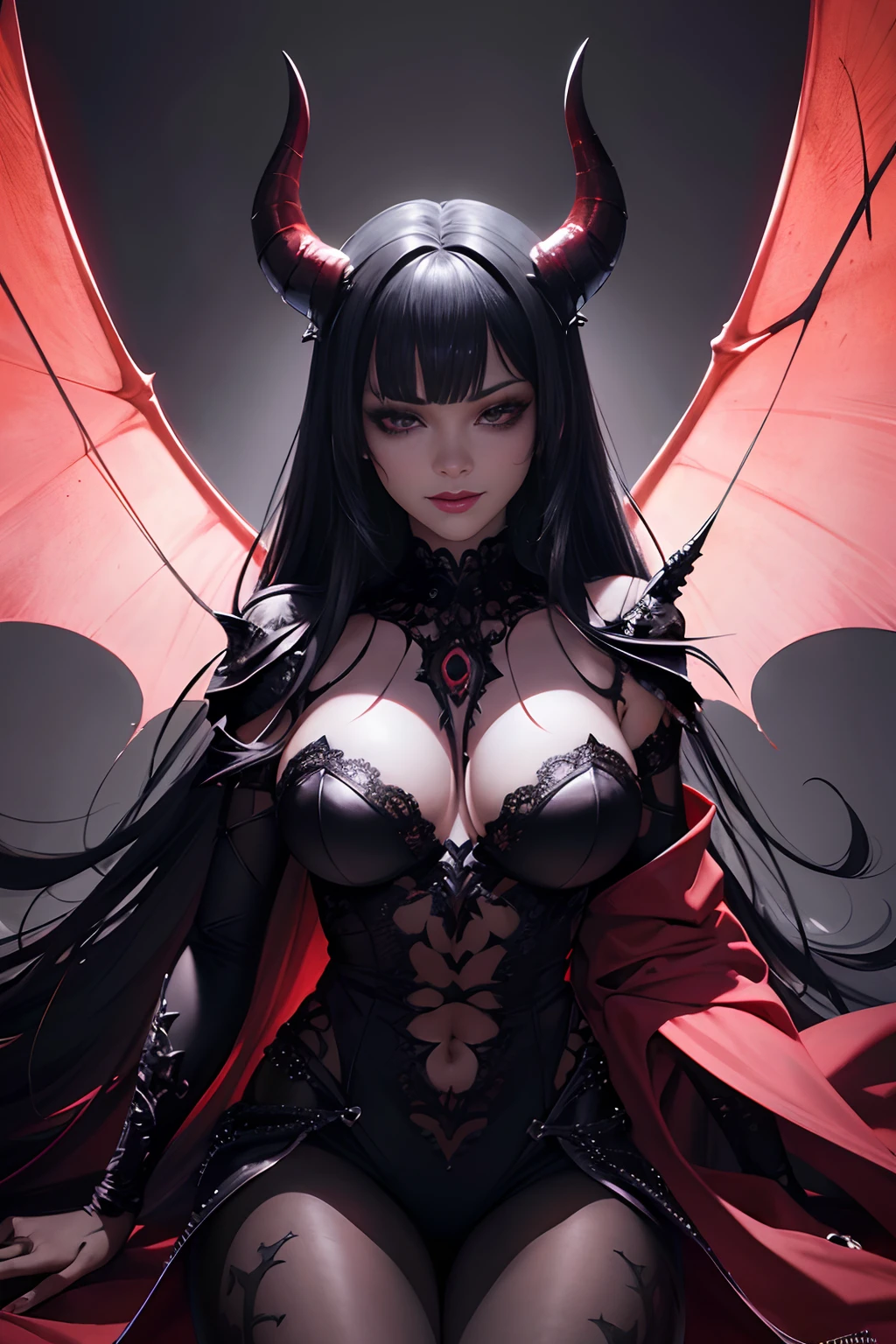 Rihanna Ultra Detailed as Satan in Hell's Throne, ela-diabo, Vestido preto e vermelho sexy, demon wings, demon horn, olhos realistas detalhados, Context of the chaos of hell and destruction, Evil Queen, staring directly at camera, Smiling with satisfaction, unhas pretas compridas, Shaded illustration of a high quality cell in hell, Corpo inteiro, dynamic installation, anatomia perfeita, Centrado, liberdade, alma, Approach to perfection, cell-shading, 8k , cinematic dramatic atmosphere, pintura em aquarela, global ilumination, ambiente detalhado e intrincado, art-station, Arte conceitual, smooth and sharp focus, volumeric lighting, Kinematic lighting