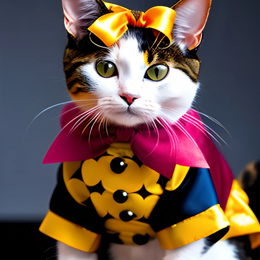 Anthro cat wearing a jester costume with bells, ribbons and patterns. The colors the the costume are red, black, yellow, orange and white