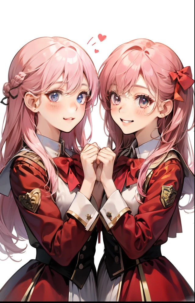 girl with、Background white、without background、Pink hair、The long-haired、with blush cheeks、Embarrassing、student clothes、Red uniform、frilld、bow ribbon、Smiling、kawaii、twinsies、Relatives、2guys、without background