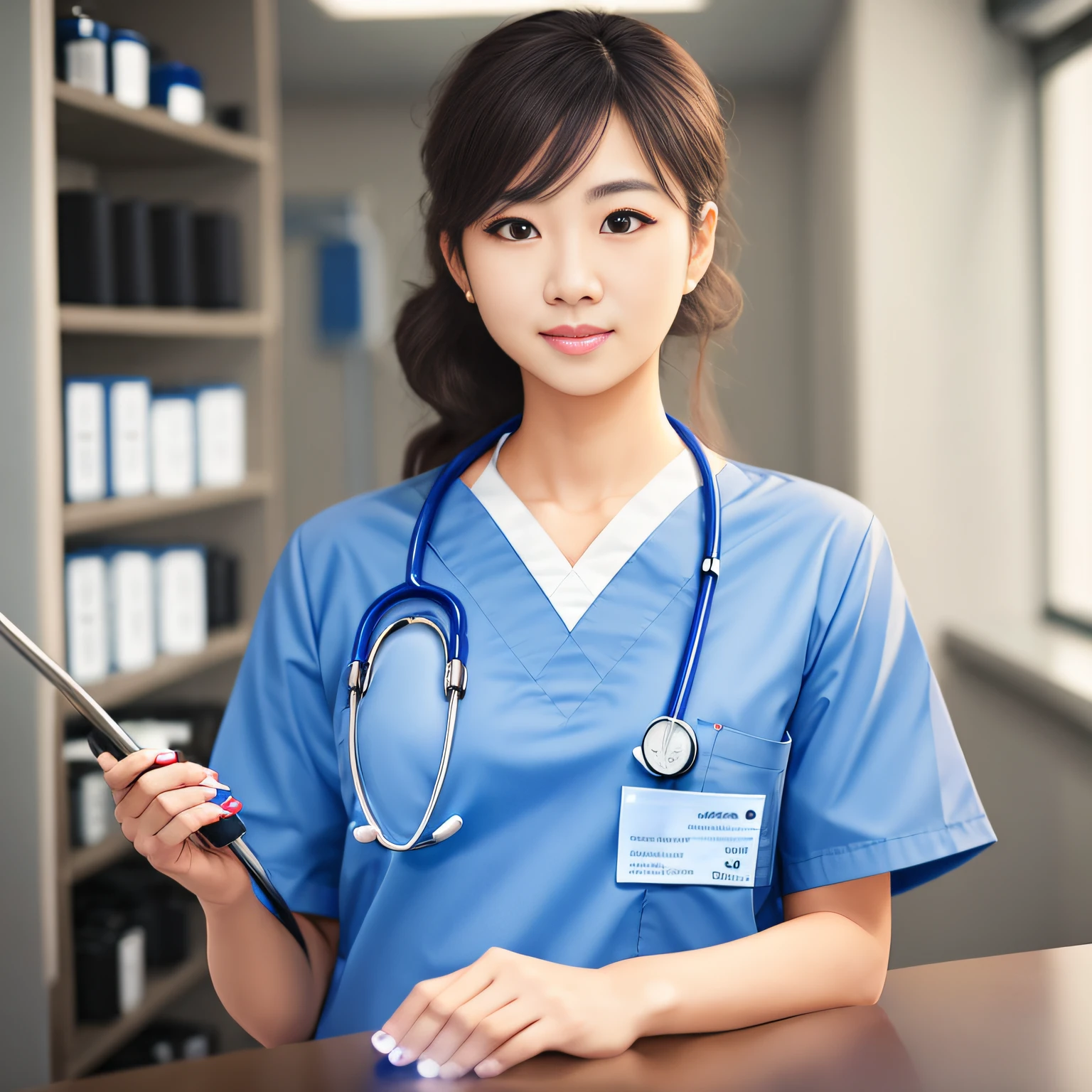 arafed woman in a blue scrub suit with a stethoscope, doctor, physician, healthcare worker, (doctor), sakimichan hdri, nurse girl, sakimichan, realistic anime 3 d style, Nurse, With a stethoscope, Nurse Uniform, clean medical environment, yun ling, wearing lab coat and a blouse