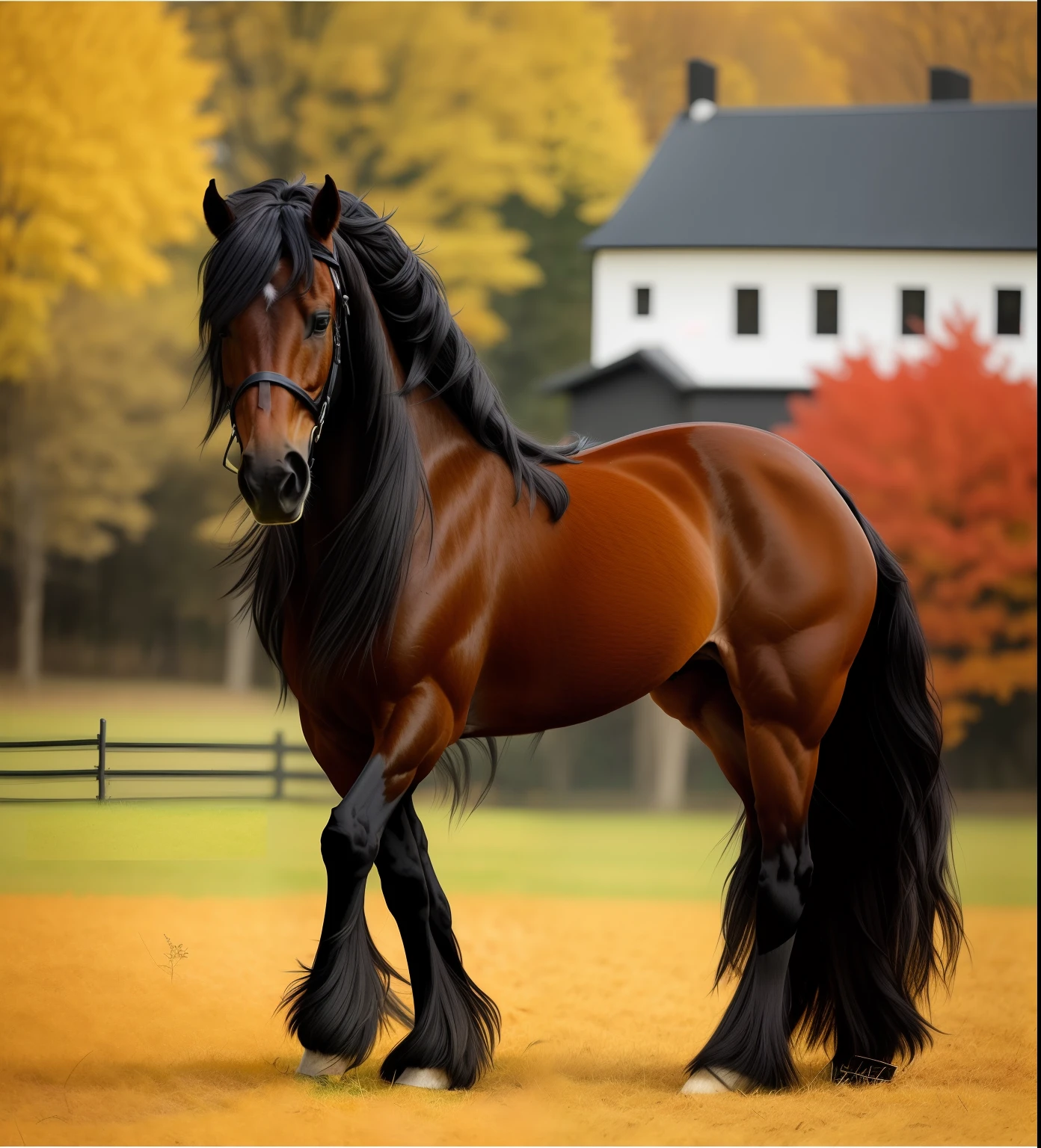 Friesian horse with black coat long black hair standing in a field with trees in autumn , Cavalo bonito, crina e cauda fluindo, longa, j Cavalos majestosos, Beautiful!!!, Cavalo sereno bonito, imagem hiper-realista foto realista