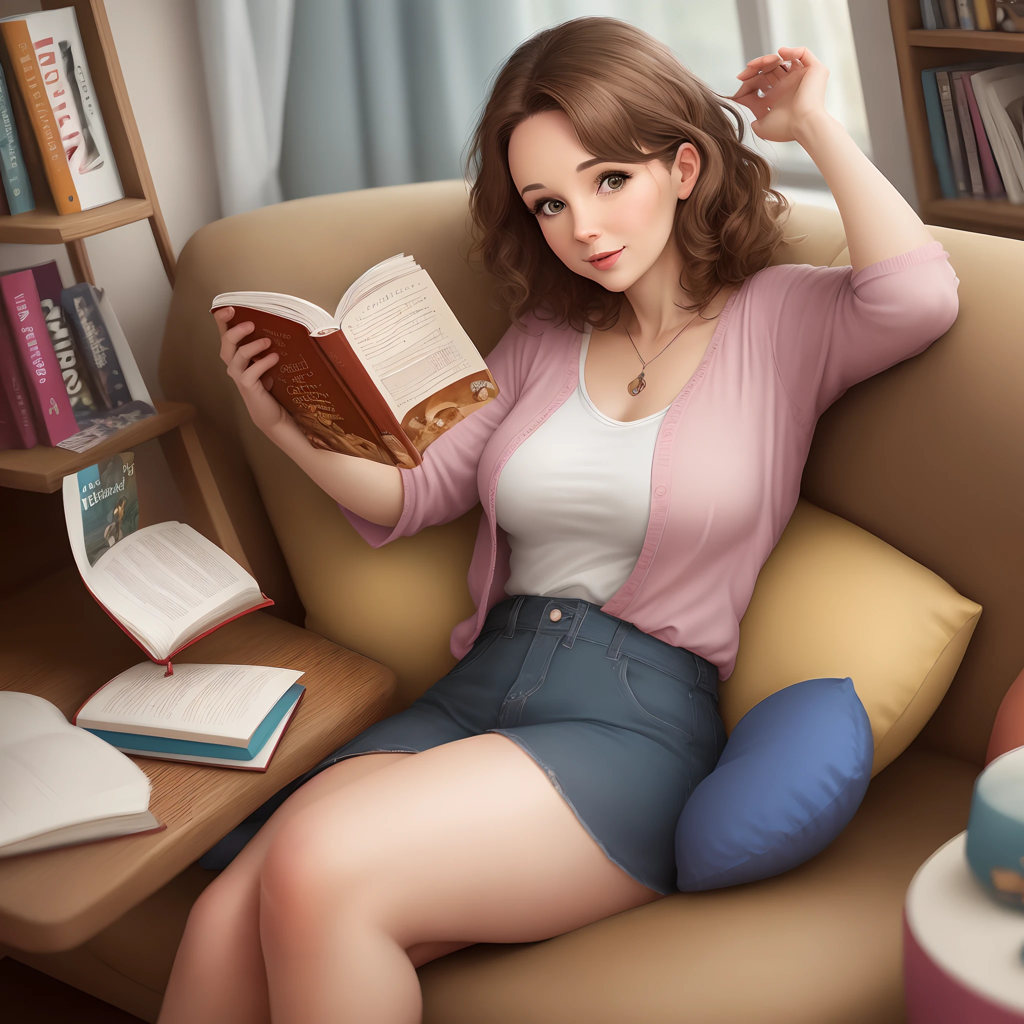 Cute 40 year old young woman, short wavy brown hair, gordita y leyendo un libro en la playaz