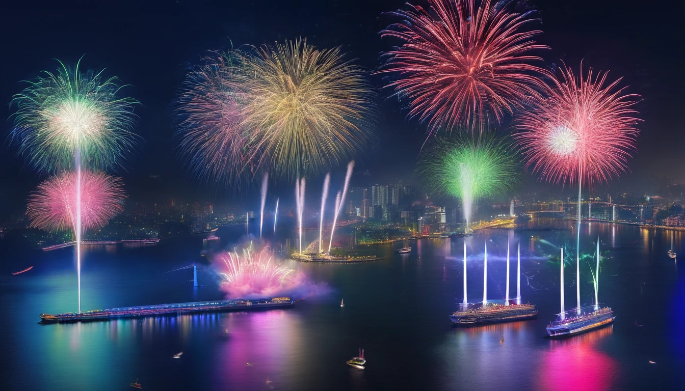 Create commercial photography depicting Qingxiu Mountain in Nanning,nighttime scene,Cruise ships in motion,The beautiful bridge is accompanied by colorful fireworks,