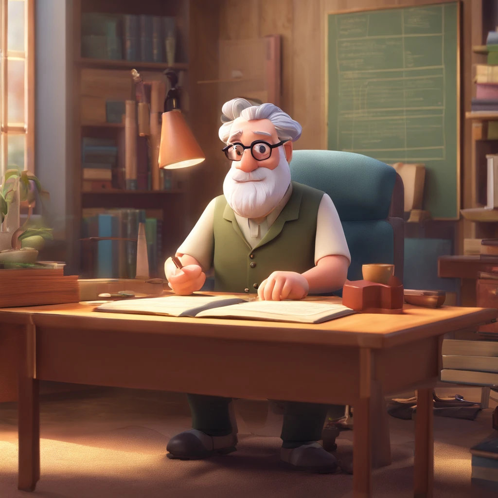 Crie um cartaz inspirado na Disney Pixar com o personagem sendo o pastor Rubens Janier, A gray-haired man wearing glasses, in an office with a Bible on the table