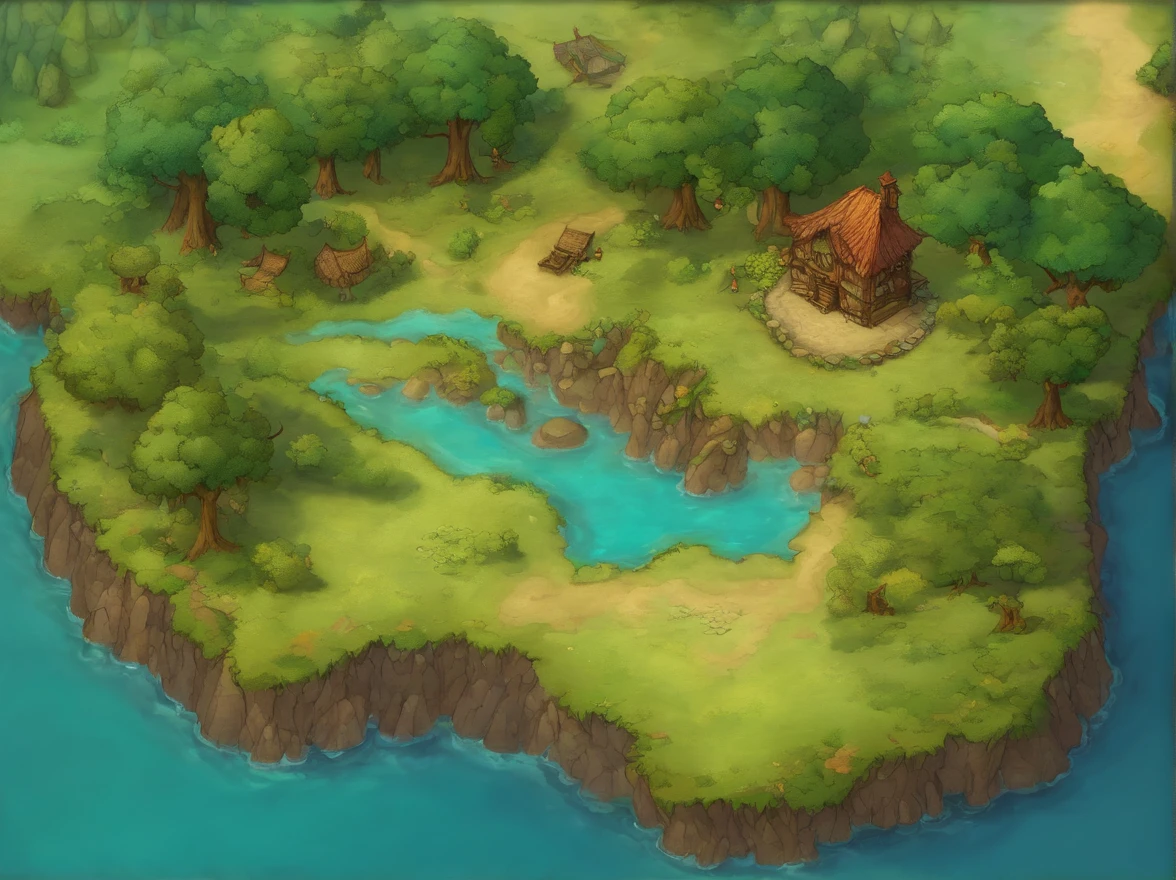 Aerial view taken from top to bottom directly from the drone, Mapa da floresta, Dungeons and Dragons, Final Fantasy, arte do jogo, (Arquitetura e design de interiores coerentes, with realistic proportions and textures, detalhes intrincados, hand-painted, Vibrando, Cinematic lighting, master part, 8k:1.2),world map ,In the middle of the map is a lake, ao redor do mapa, existem montanhas, em baixo do mapa a praia, No houses, Tolkkien, mapa de floresta, There are no cities