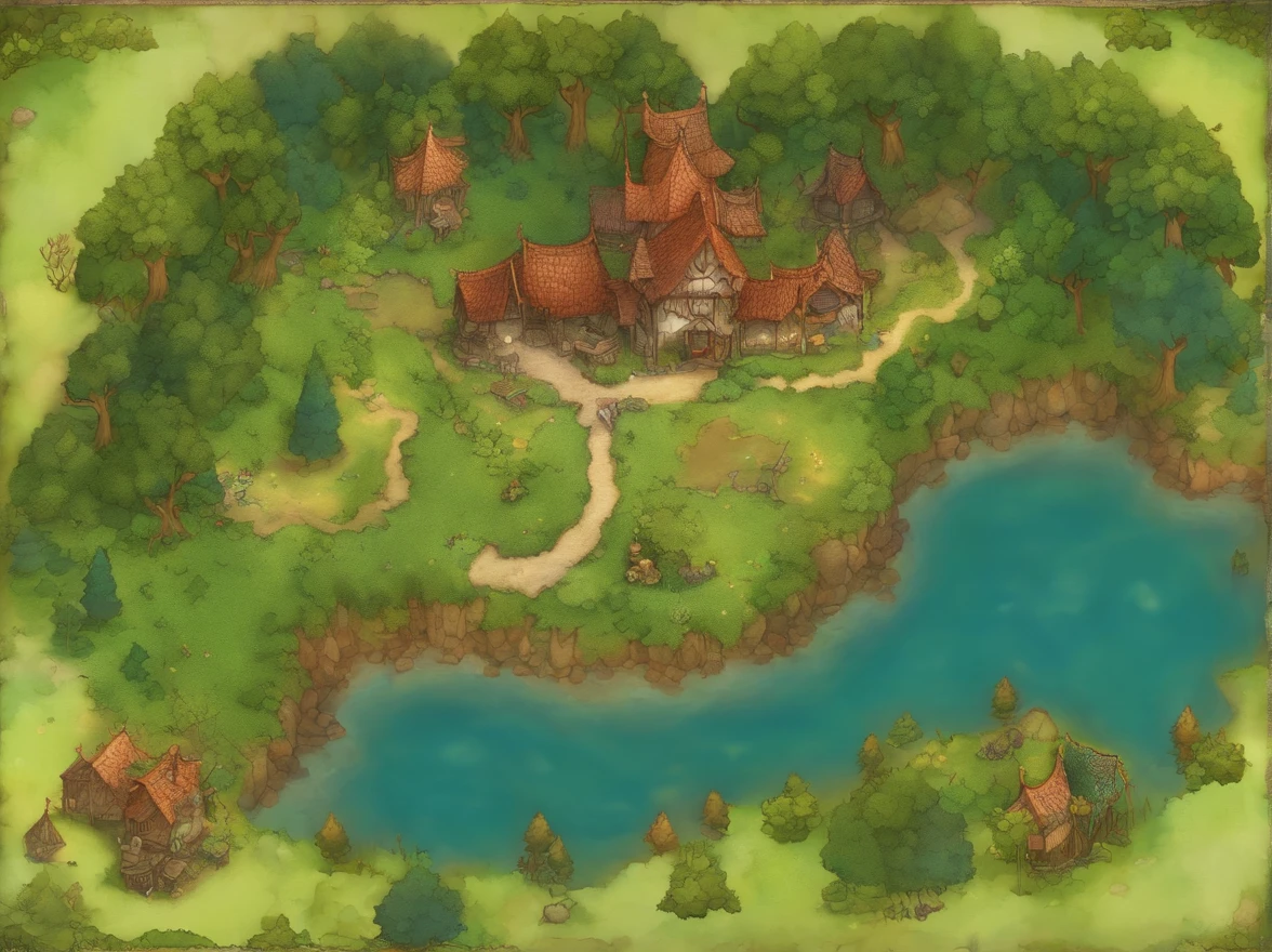 Aerial view taken from top to bottom directly from the drone, Mapa da floresta, Dungeons and Dragons, Final Fantasy, arte do jogo, (Arquitetura e design de interiores coerentes, with realistic proportions and textures, detalhes intrincados, hand-painted, Vibrando, Cinematic lighting, master part, 8k:1.2),world map ,In the middle of the map is a lake, ao redor do mapa, existem montanhas, em baixo do mapa a praia, No houses, Tolkkien, mapa de floresta, There are no cities