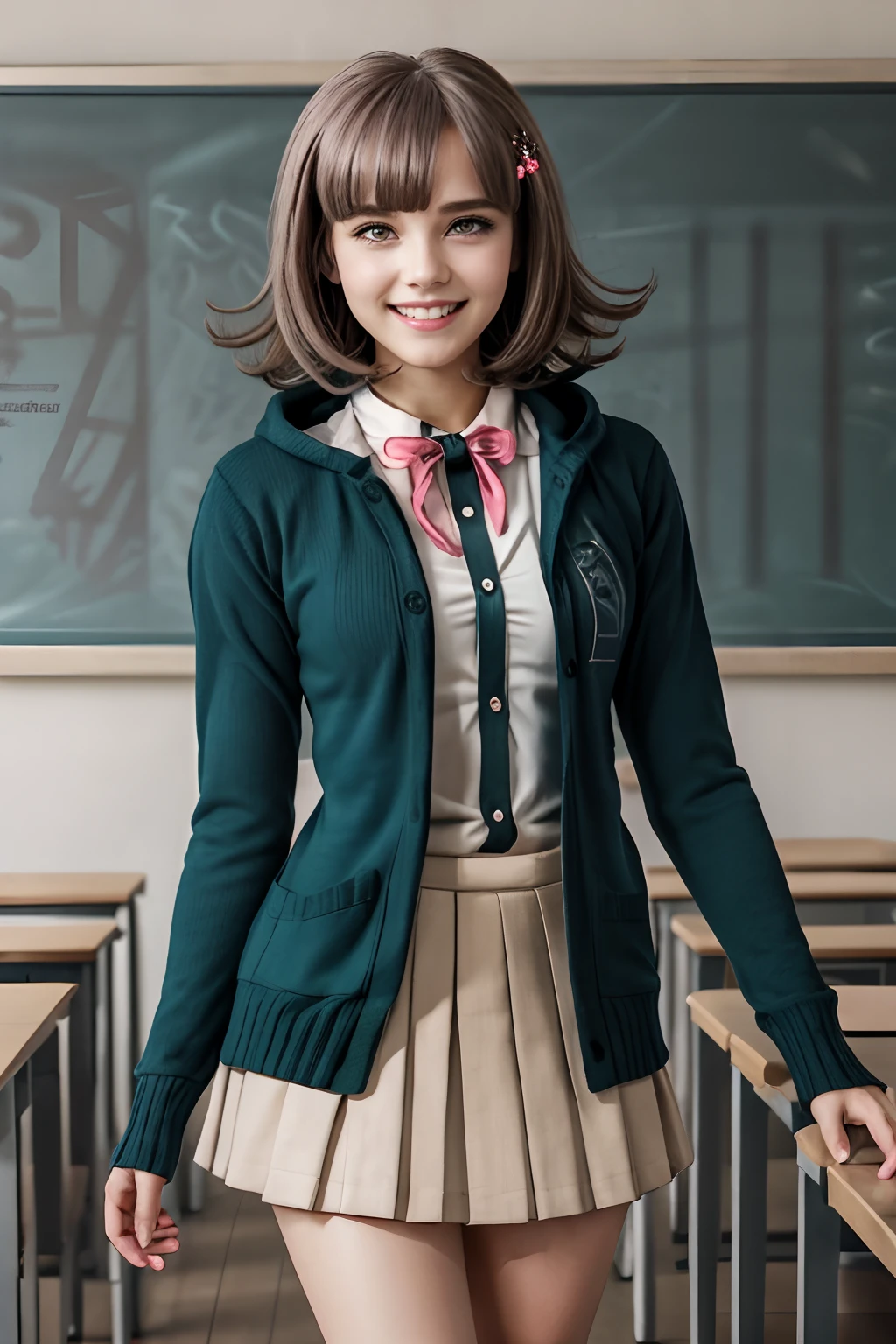 masterpiece, best quality, 4k, 8k, 1girl, short hair, smiling, pale mauve hair that slightly curls outwards, though the locks on either side of her face curl inwards, short straight bangs split towards the right, white hairclip, blossom pink eyes, white button-up shirt with a dark teal-gray front placket, light pink ribbon tied around her neck in a bow, pale beige pleated skirt, one-button dark teal-gray hooded cardigan with gray horizontal lines running across the hem and sleeves, black thigh-high socks, smiling, looking at viewer, classroom scenery